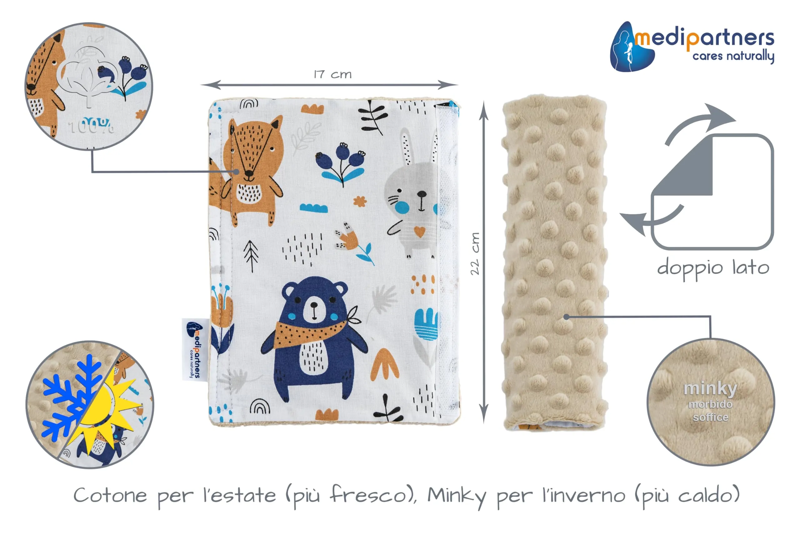 Medi Partners Copri Cintura di Sicurezza 2 Pezzi Auto Copricintura Bambini Car Cuscino 17x22cm 100% Cotone Minky Cinture Kids Copri Seggiolino Protezione (Animali boho con beige Minky) - immagine 3