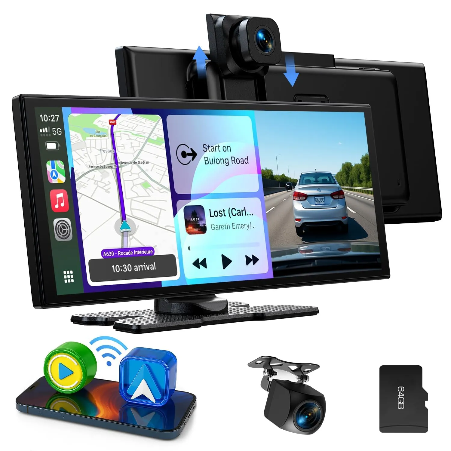 LAMTTO Wireless CarPlay Android Auto Display 10,25 Pollici Schermo per Auto Car Play con Dashcam Anteriore Posteriore 2,5K+1080P con Assistente Vocale Navigazione Bluetooth FM AUX Scheda TF 64GB - immagine 1