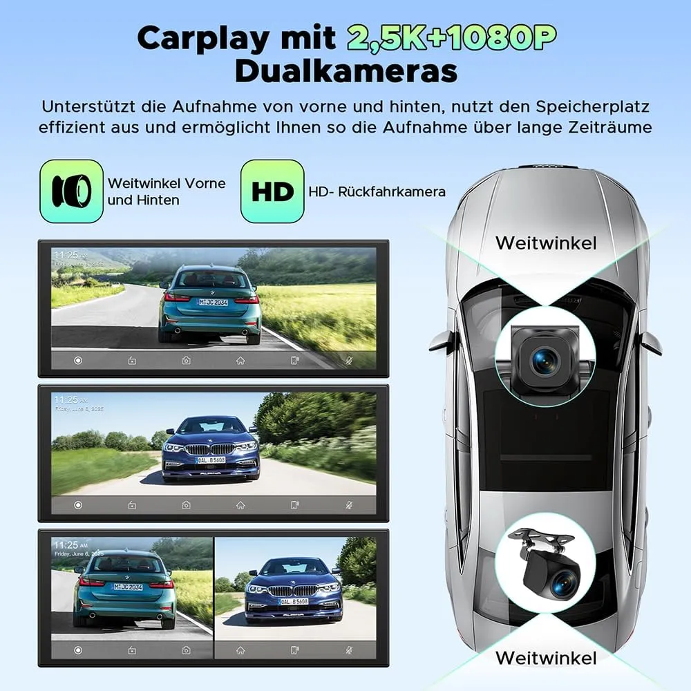 LAMTTO Wireless CarPlay Android Auto Display 10,25 Pollici Schermo per Auto Car Play con Dashcam Anteriore Posteriore 2,5K+1080P con Assistente Vocale Navigazione Bluetooth FM AUX Scheda TF 64GB - immagine 2