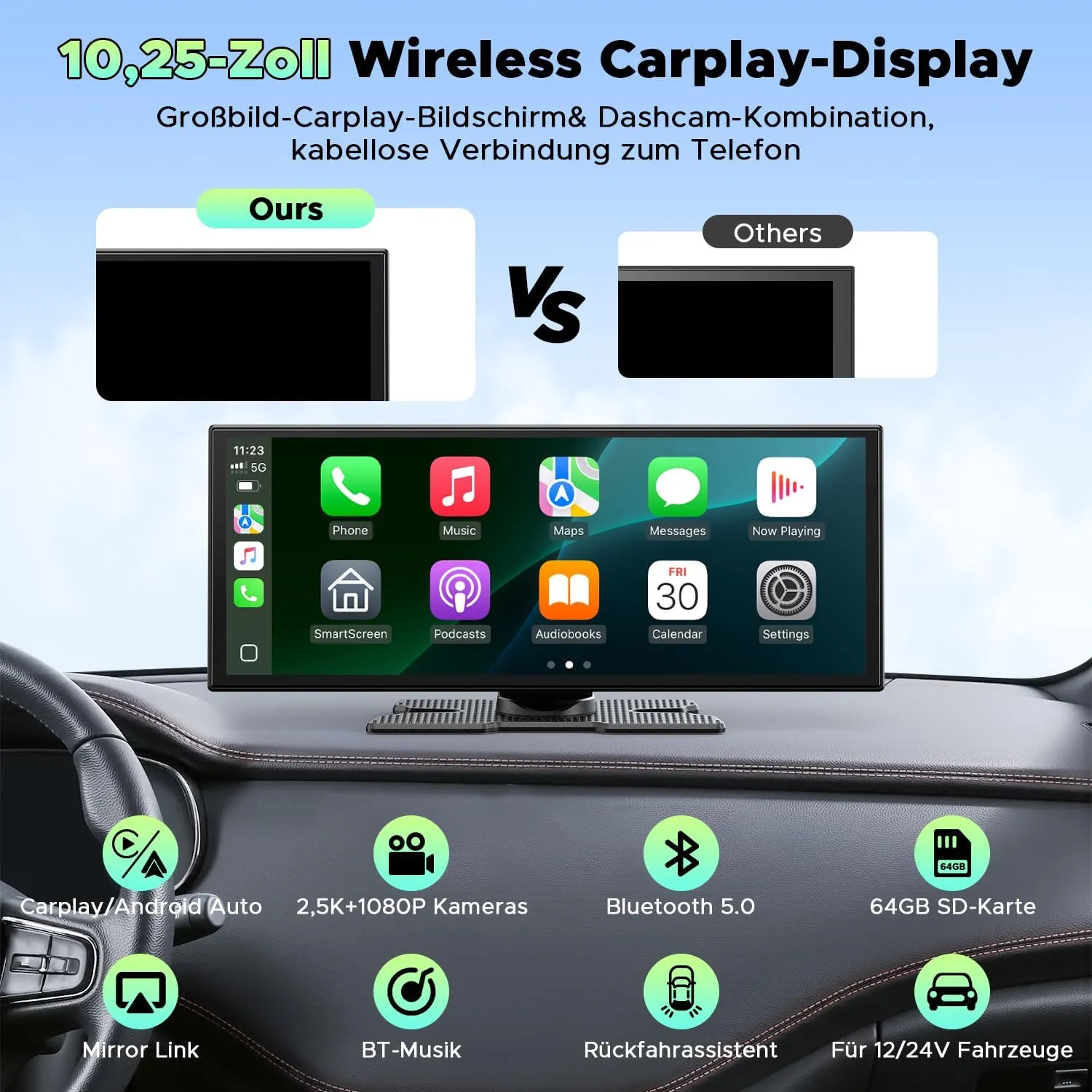 LAMTTO Wireless CarPlay Android Auto Display 10,25 Pollici Schermo per Auto Car Play con Dashcam Anteriore Posteriore 2,5K+1080P con Assistente Vocale Navigazione Bluetooth FM AUX Scheda TF 64GB - immagine 4
