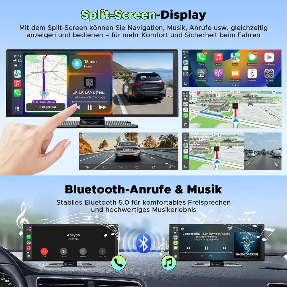 LAMTTO Wireless CarPlay Android Auto Display 10,25 Pollici Schermo per Auto Car Play con Dashcam Anteriore Posteriore 2,5K+1080P con Assistente Vocale Navigazione Bluetooth FM AUX Scheda TF 64GB - immagine 6