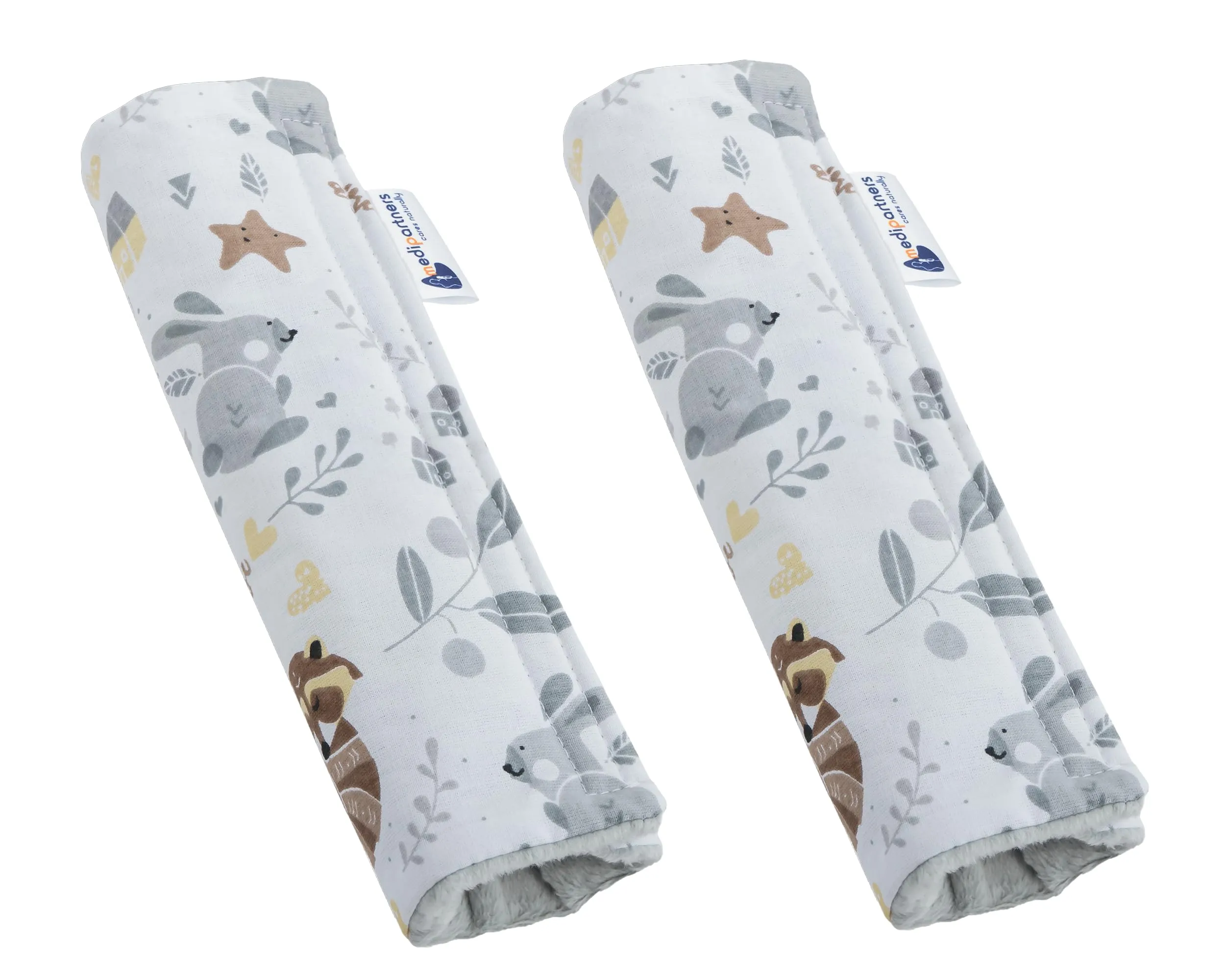 Medi Partners Copri Cintura di Sicurezza 2 Pezzi Auto Copricintura Bambini Car Cuscino 17x22cm 100% Cotone Minky Cinture Kids Copri Seggiolino Protezione (Cervo con grigio Minky) - immagine 1