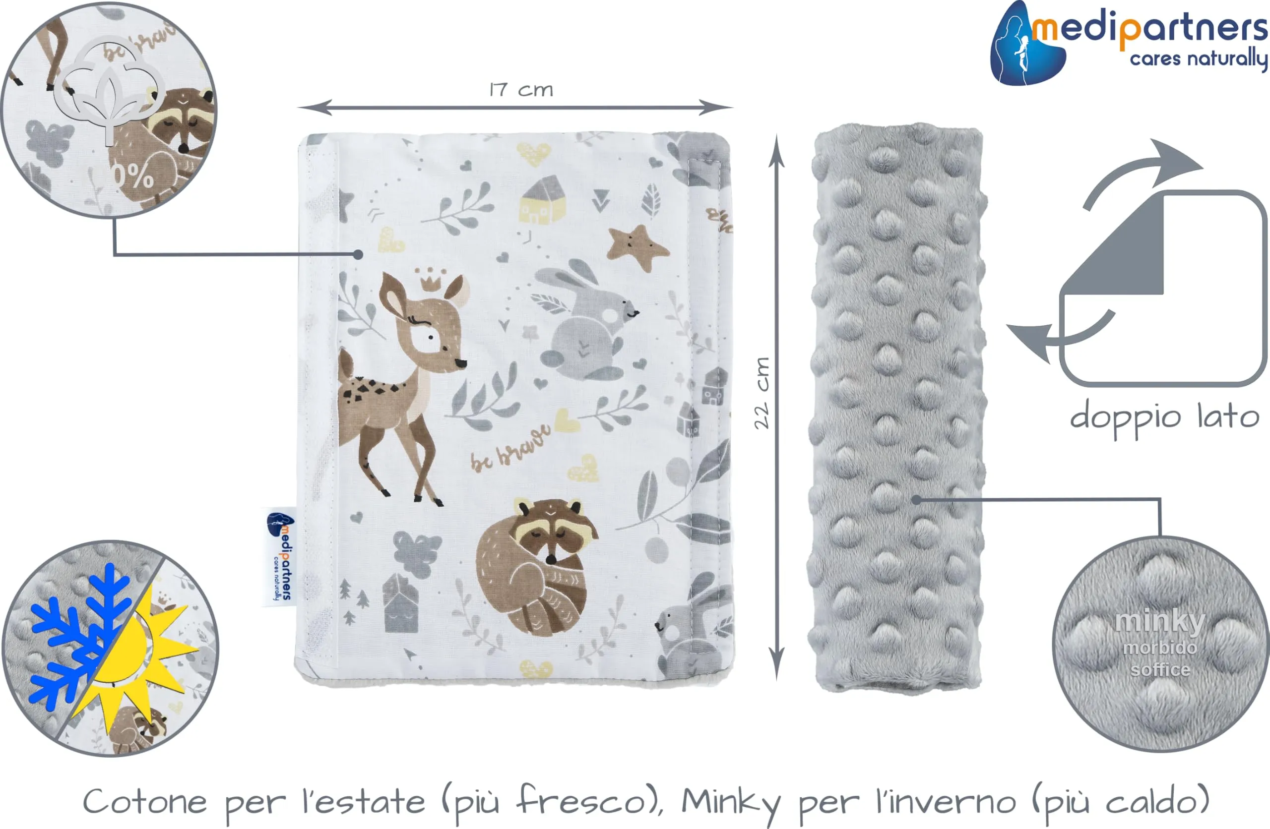 Medi Partners Copri Cintura di Sicurezza 2 Pezzi Auto Copricintura Bambini Car Cuscino 17x22cm 100% Cotone Minky Cinture Kids Copri Seggiolino Protezione (Cervo con grigio Minky) - immagine 3
