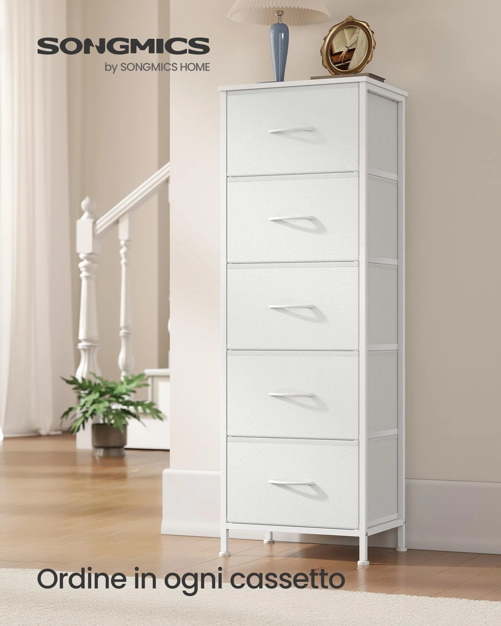 SONGMICS BELLAH Collezione - Cassettiera con 5 Cassetti in Tessuto, Acciaio, MDF, Tessuto Non Tessuto, per Camera da Letto, Armadio, Corridoio e Soggiorno, Bianco Nuvola e Bianco Neve LGS315WH01 - immagine 2