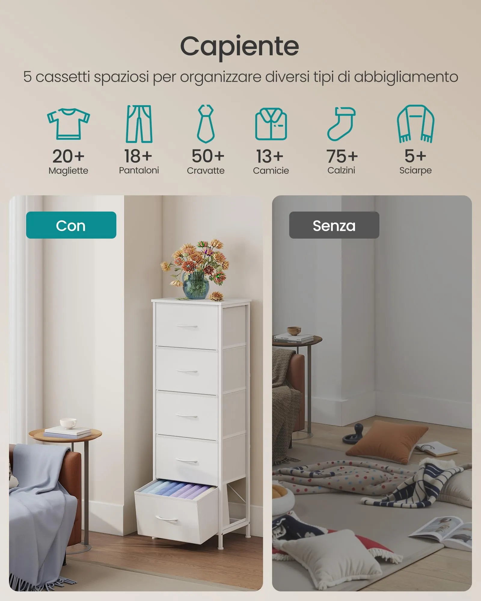 SONGMICS BELLAH Collezione - Cassettiera con 5 Cassetti in Tessuto, Acciaio, MDF, Tessuto Non Tessuto, per Camera da Letto, Armadio, Corridoio e Soggiorno, Bianco Nuvola e Bianco Neve LGS315WH01 - immagine 3