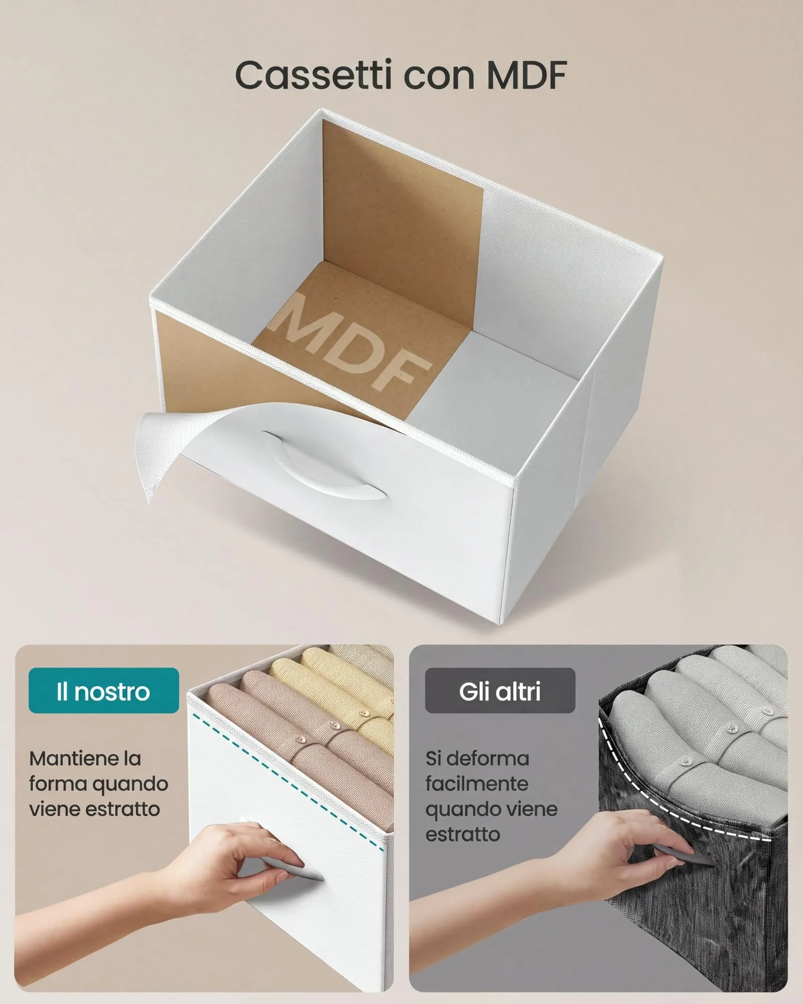 SONGMICS BELLAH Collezione - Cassettiera con 5 Cassetti in Tessuto, Acciaio, MDF, Tessuto Non Tessuto, per Camera da Letto, Armadio, Corridoio e Soggiorno, Bianco Nuvola e Bianco Neve LGS315WH01 - immagine 4