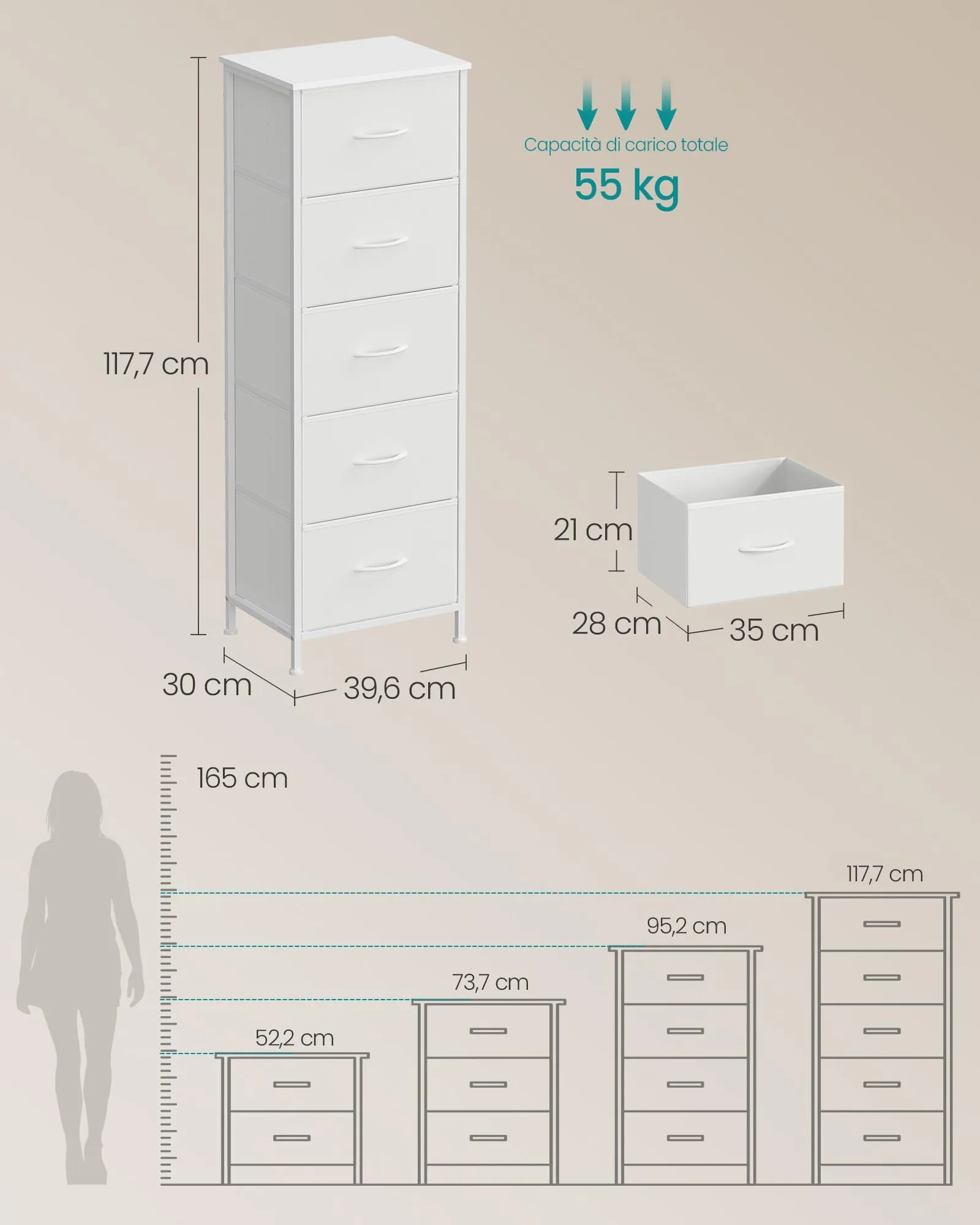 SONGMICS BELLAH Collezione - Cassettiera con 5 Cassetti in Tessuto, Acciaio, MDF, Tessuto Non Tessuto, per Camera da Letto, Armadio, Corridoio e Soggiorno, Bianco Nuvola e Bianco Neve LGS315WH01 - immagine 5