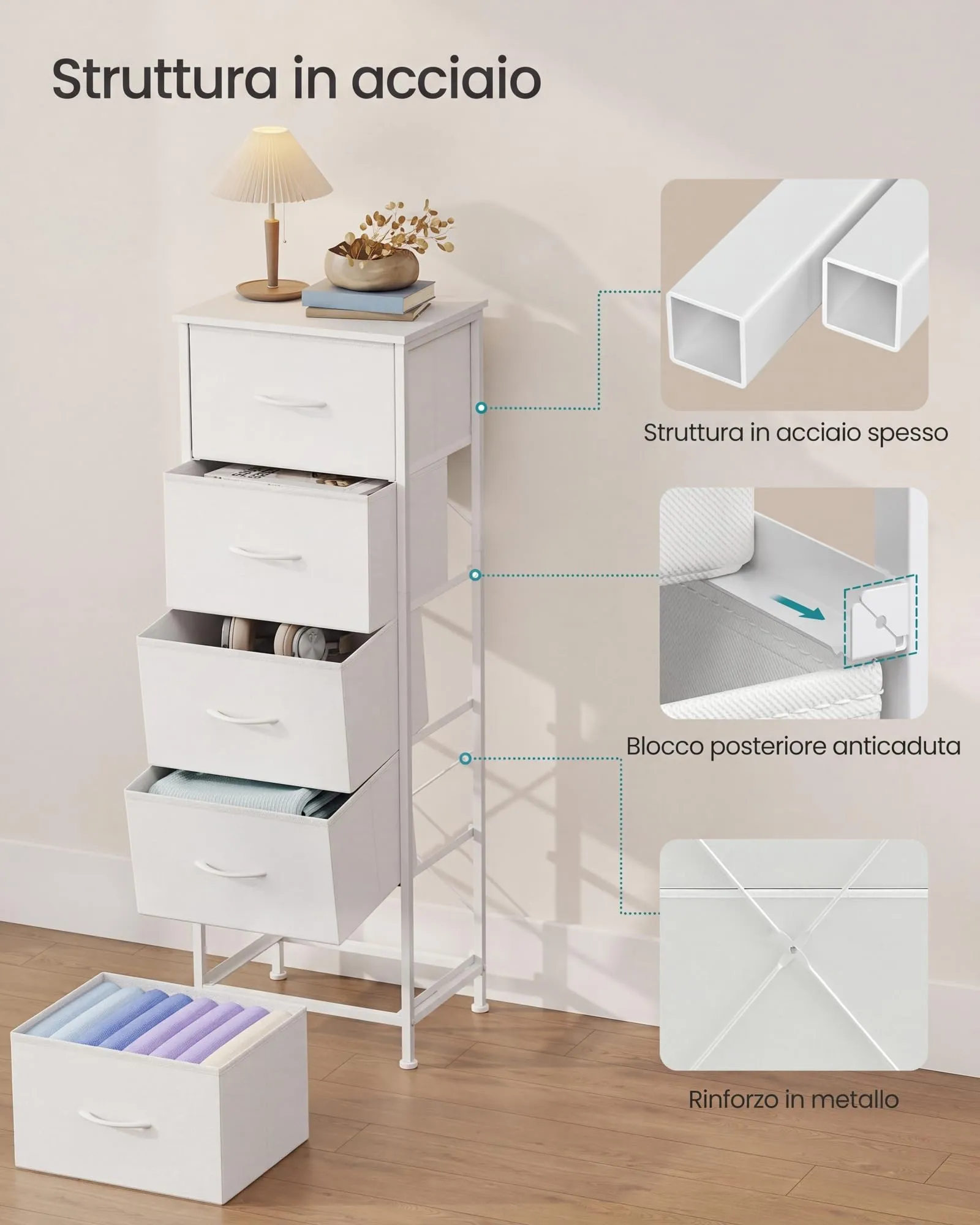 SONGMICS BELLAH Collezione - Cassettiera con 5 Cassetti in Tessuto, Acciaio, MDF, Tessuto Non Tessuto, per Camera da Letto, Armadio, Corridoio e Soggiorno, Bianco Nuvola e Bianco Neve LGS315WH01 - immagine 6