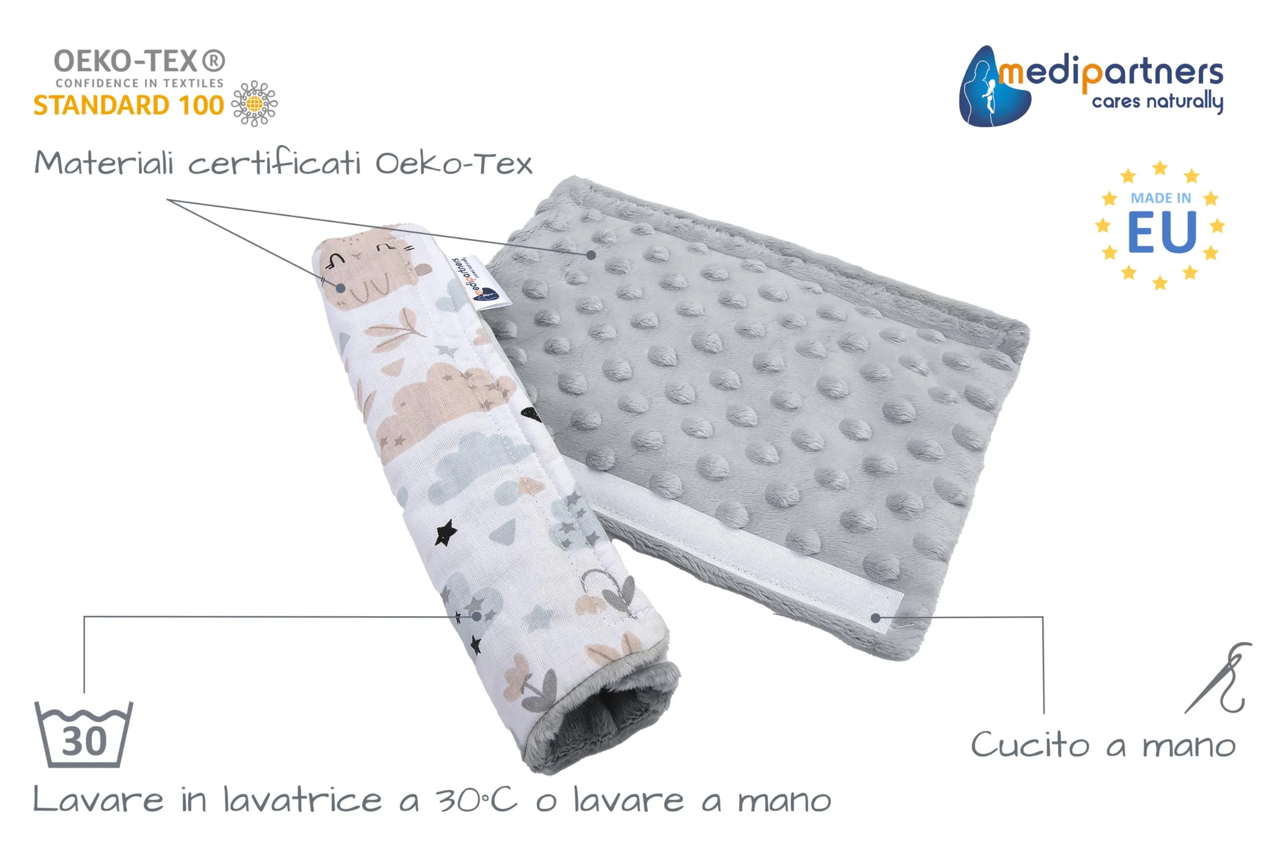 Medi Partners Copri Cintura di Sicurezza 2 Pezzi Auto Copricintura Bambini Car Cuscino 17x22cm 100% Cotone Minky Cinture Kids Copri Seggiolino Protezione (Glade con Minky grigio) - immagine 2