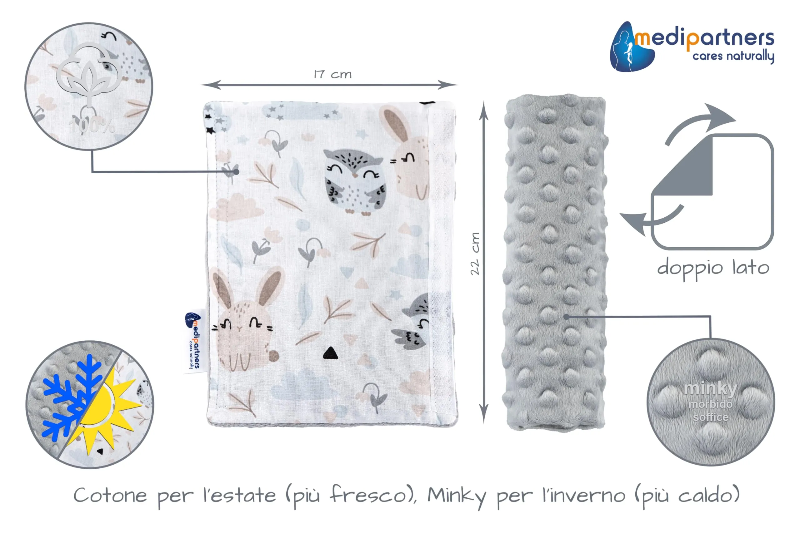 Medi Partners Copri Cintura di Sicurezza 2 Pezzi Auto Copricintura Bambini Car Cuscino 17x22cm 100% Cotone Minky Cinture Kids Copri Seggiolino Protezione (Glade con Minky grigio) - immagine 3
