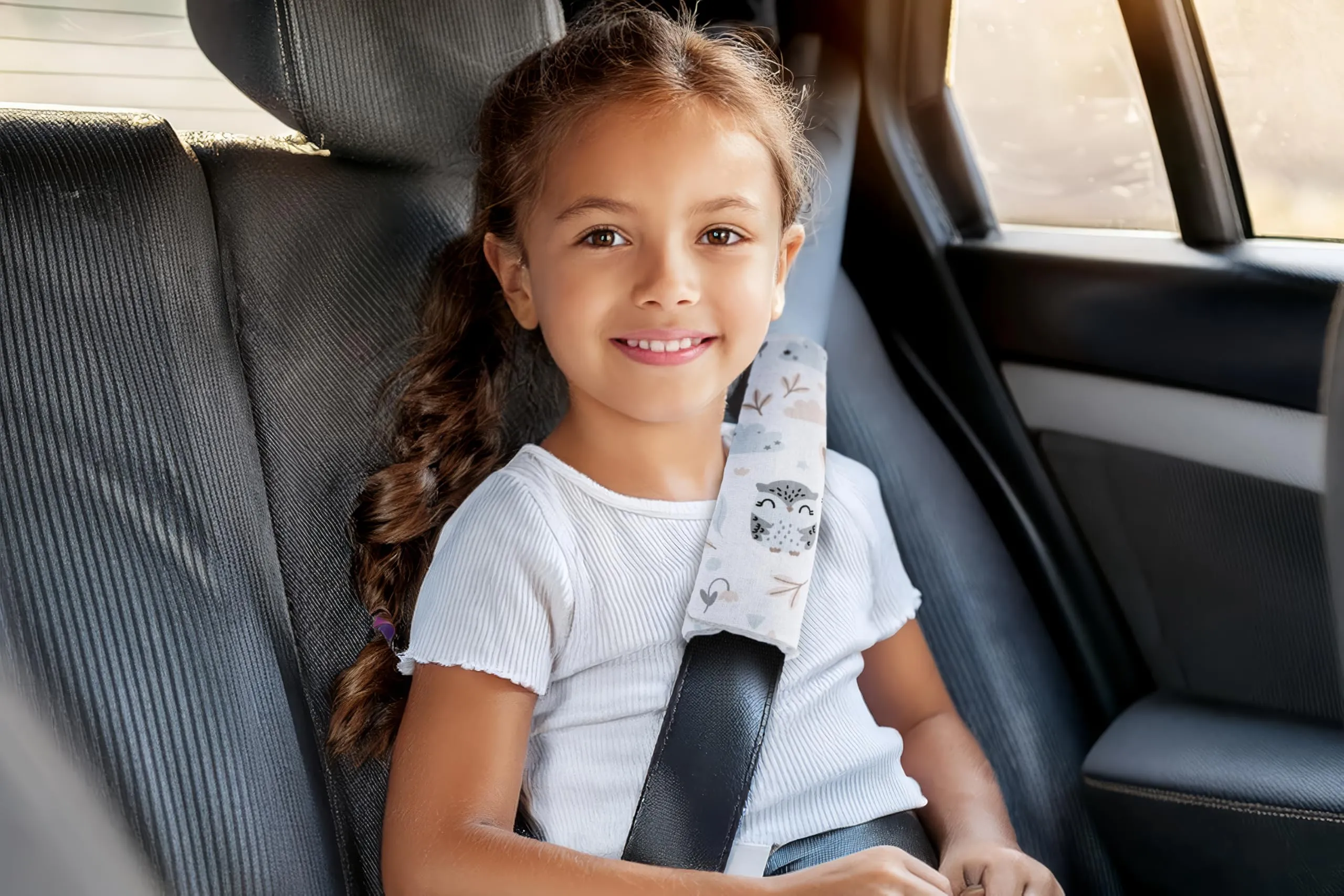 Medi Partners Copri Cintura di Sicurezza 2 Pezzi Auto Copricintura Bambini Car Cuscino 17x22cm 100% Cotone Minky Cinture Kids Copri Seggiolino Protezione (Glade con Minky grigio) - immagine 6