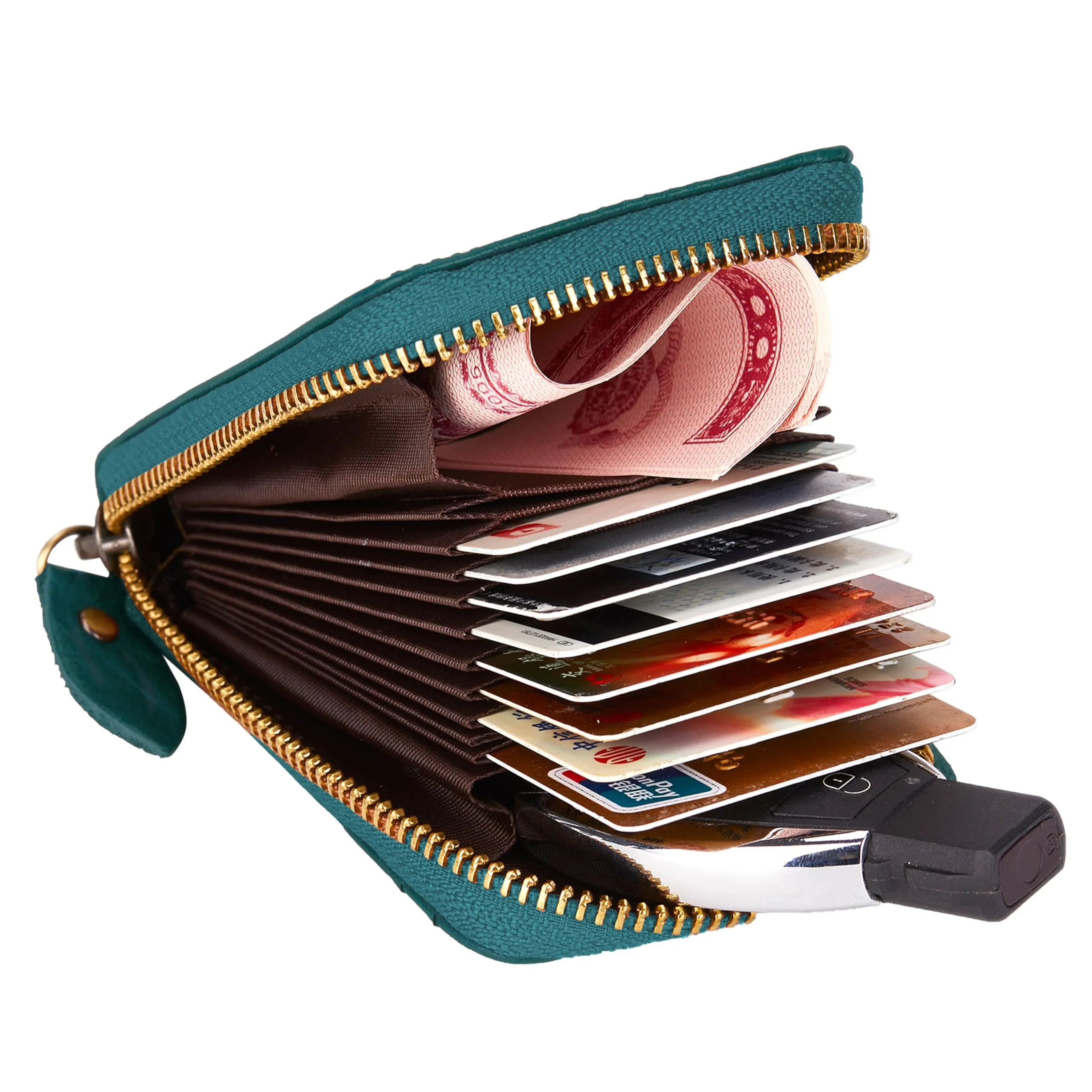 Porta Carte Credito Portatessere Portafoglio Piccolo Compatto Mini Slim da Donna Uomo in Vera Pelle con Tasca Posteriore con Protezione Rfid 13 Scomparti per Carte con Cerniera(Nero) - immagine 5