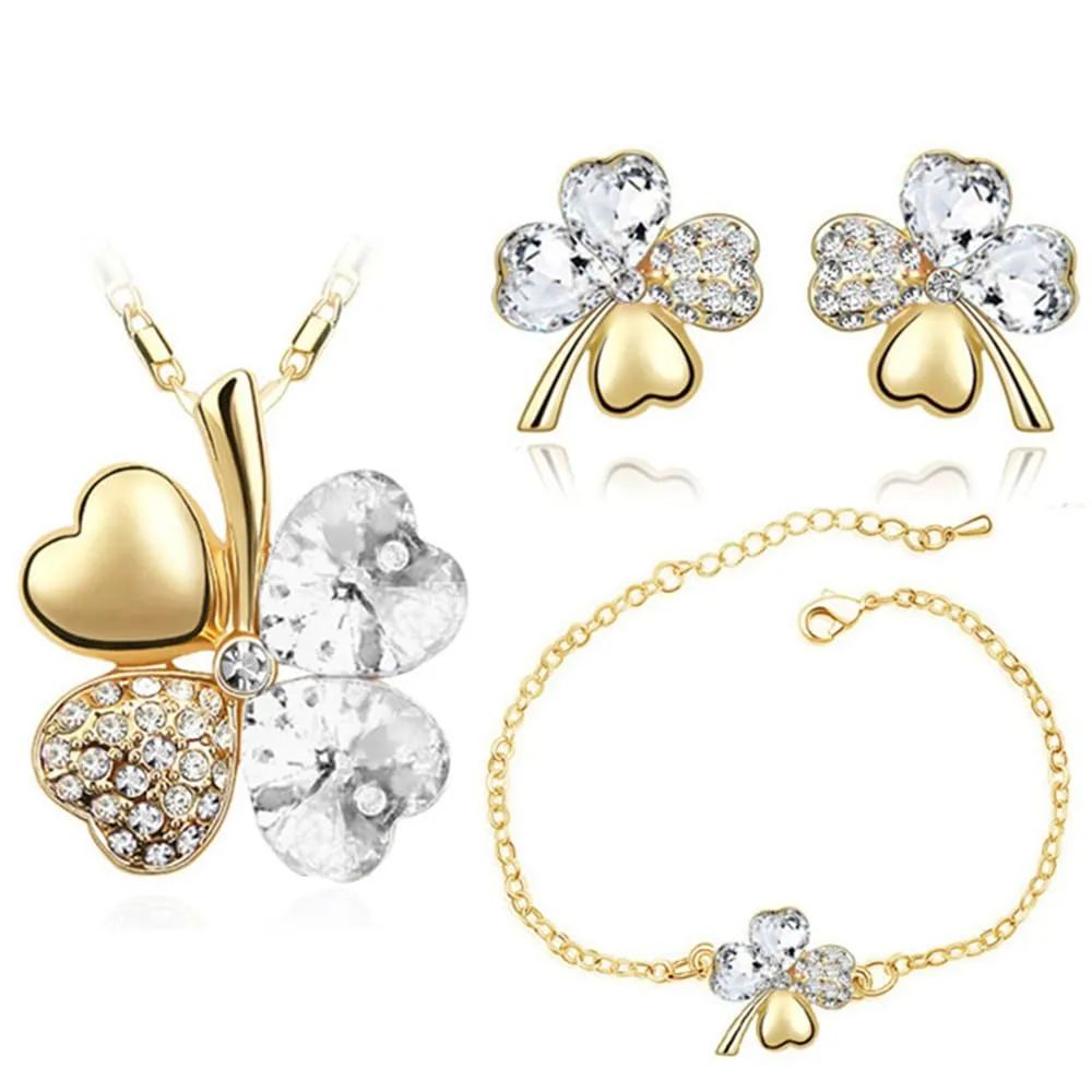 XFSRG Parure Gioielli Donna con Collana Quadrifoglio Portafortuna Orecchini e Bracciale con Ciondolo in Cristallo Elegante per Matrimoni e Feste (Oro) - immagine 1