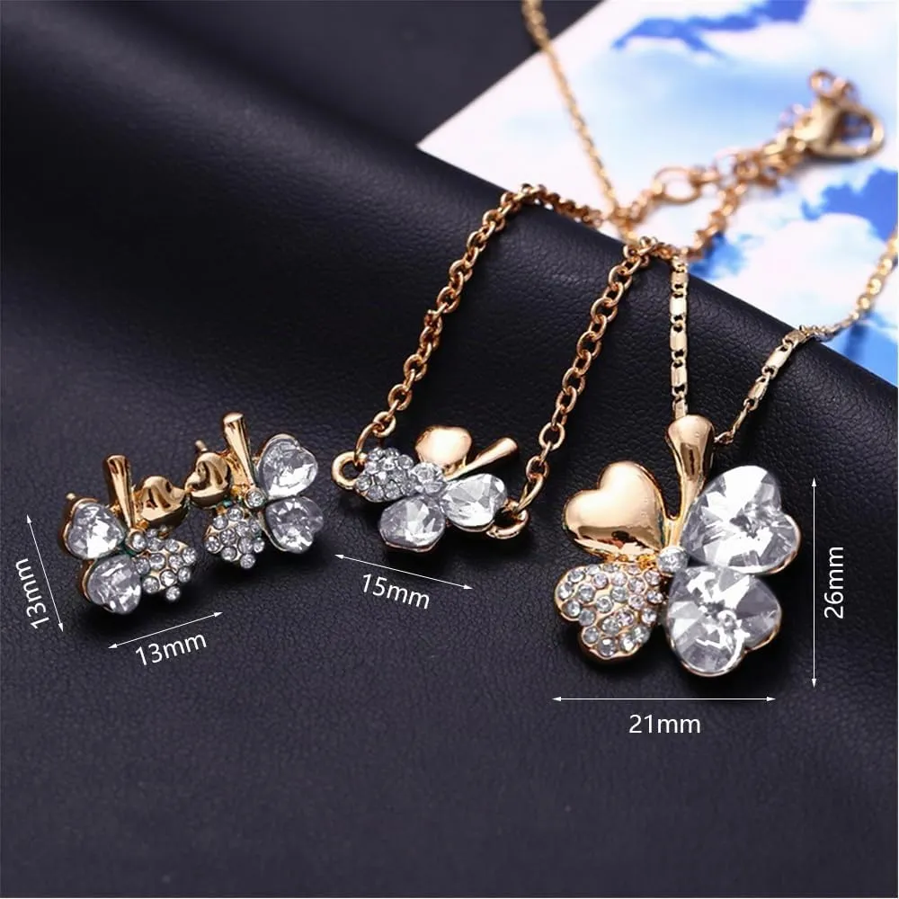 XFSRG Parure Gioielli Donna con Collana Quadrifoglio Portafortuna Orecchini e Bracciale con Ciondolo in Cristallo Elegante per Matrimoni e Feste (Oro) - immagine 2
