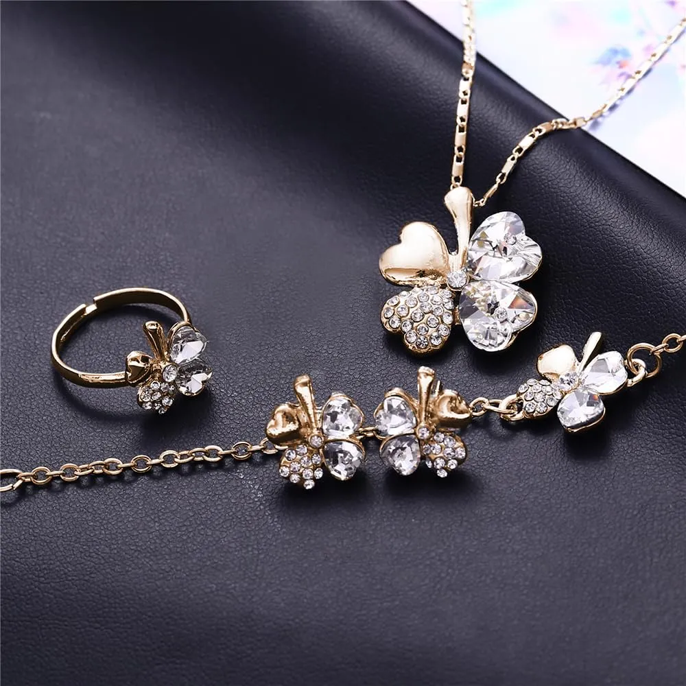 XFSRG Parure Gioielli Donna con Collana Quadrifoglio Portafortuna Orecchini e Bracciale con Ciondolo in Cristallo Elegante per Matrimoni e Feste (Oro) - immagine 3