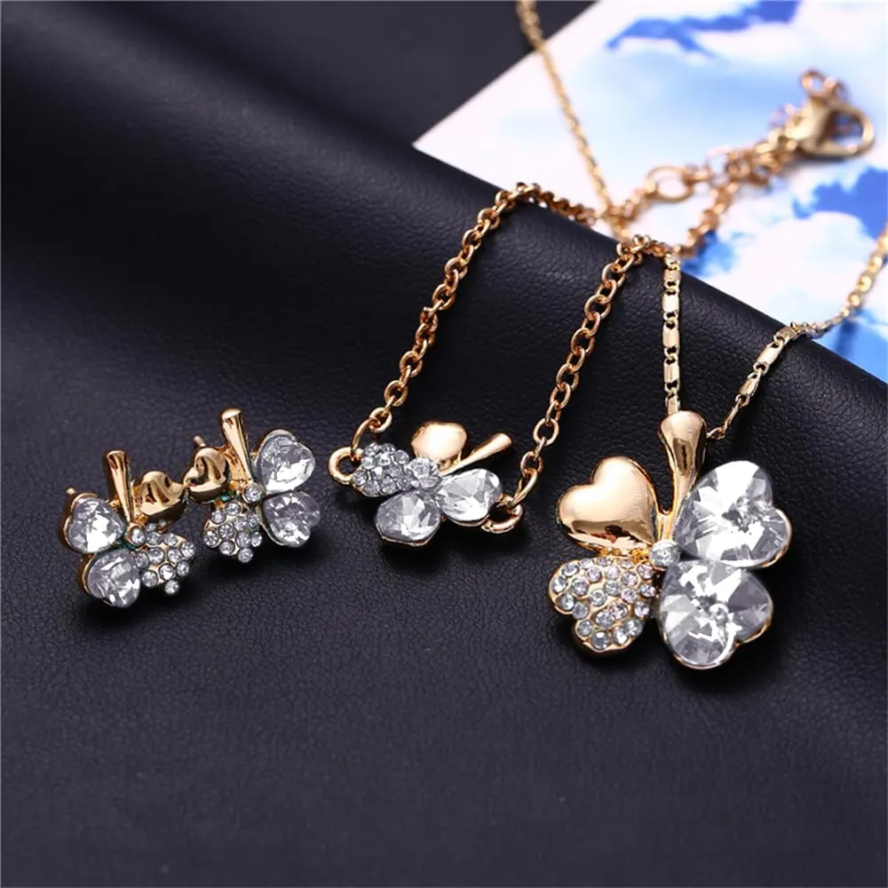 XFSRG Parure Gioielli Donna con Collana Quadrifoglio Portafortuna Orecchini e Bracciale con Ciondolo in Cristallo Elegante per Matrimoni e Feste (Oro) - immagine 7