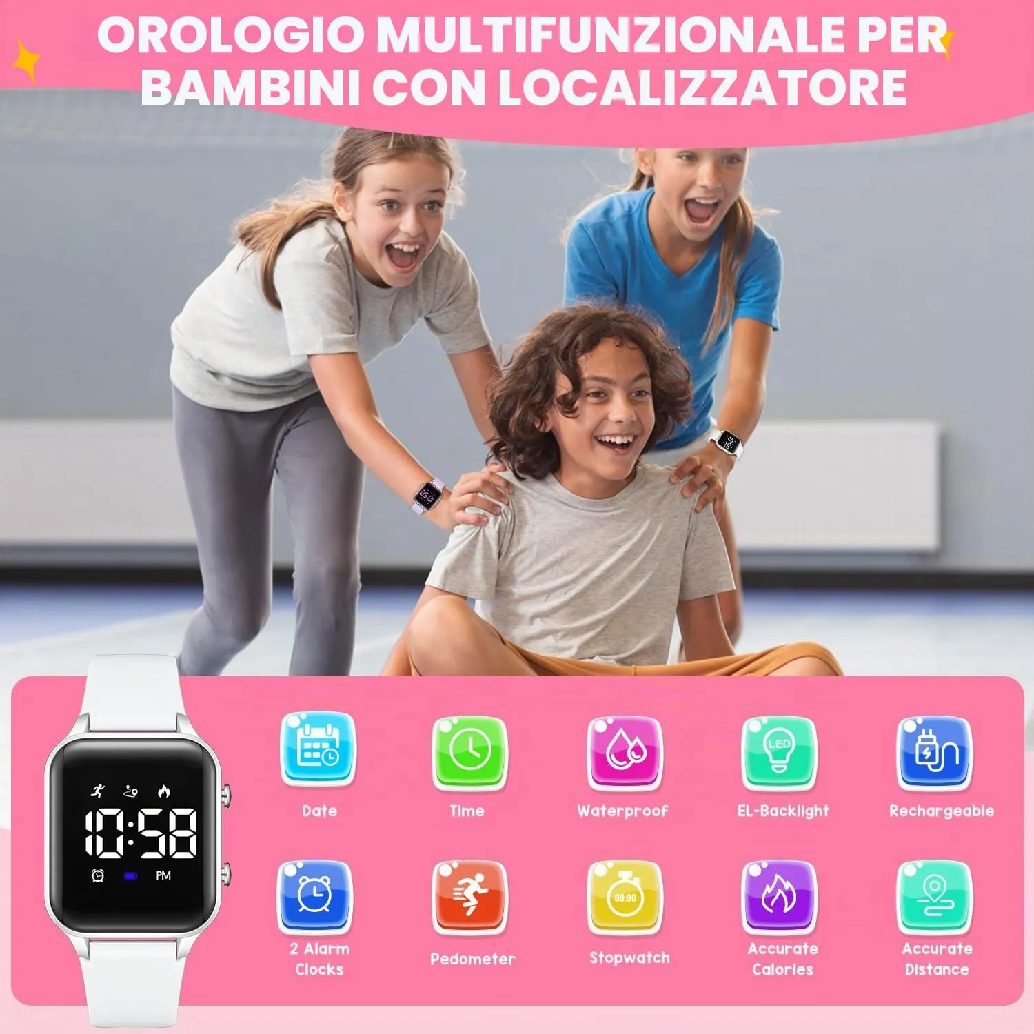caprock Orologio digitale a LED per bambini, con contapassi, impermeabile fino a 50 atm, con calcolo della distanza/vibrazione, doppia sveglia/cronometro - immagine 2
