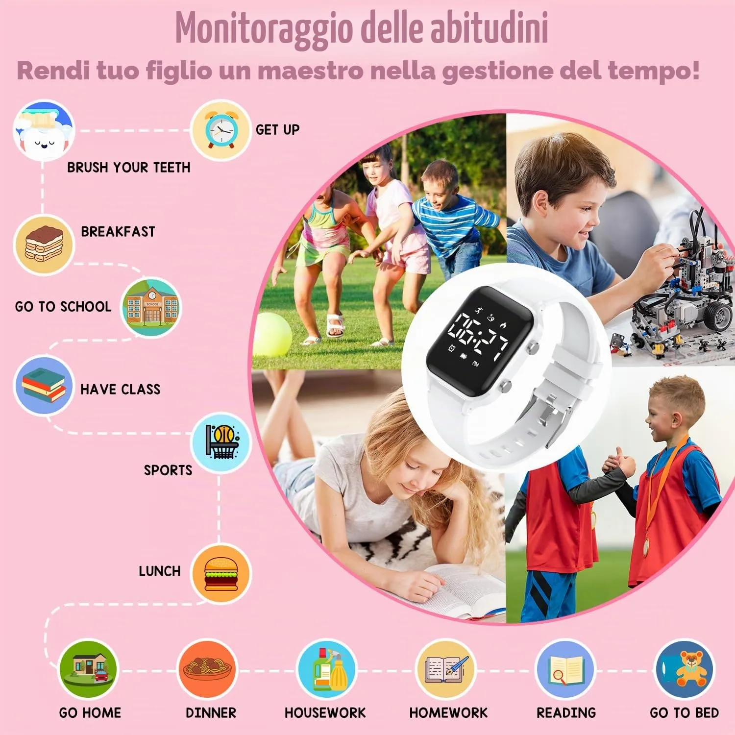 caprock Orologio digitale a LED per bambini, con contapassi, impermeabile fino a 50 atm, con calcolo della distanza/vibrazione, doppia sveglia/cronometro - immagine 3