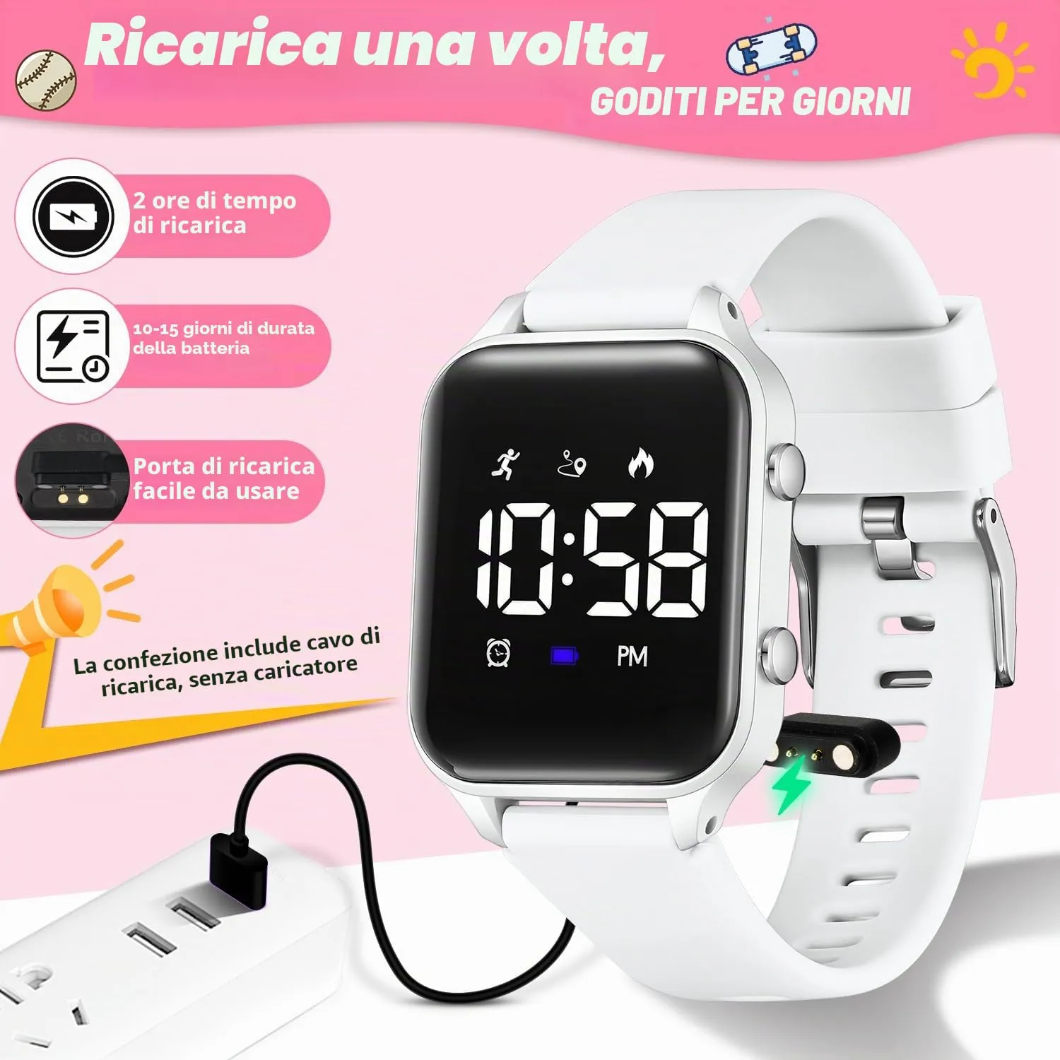 caprock Orologio digitale a LED per bambini, con contapassi, impermeabile fino a 50 atm, con calcolo della distanza/vibrazione, doppia sveglia/cronometro - immagine 5