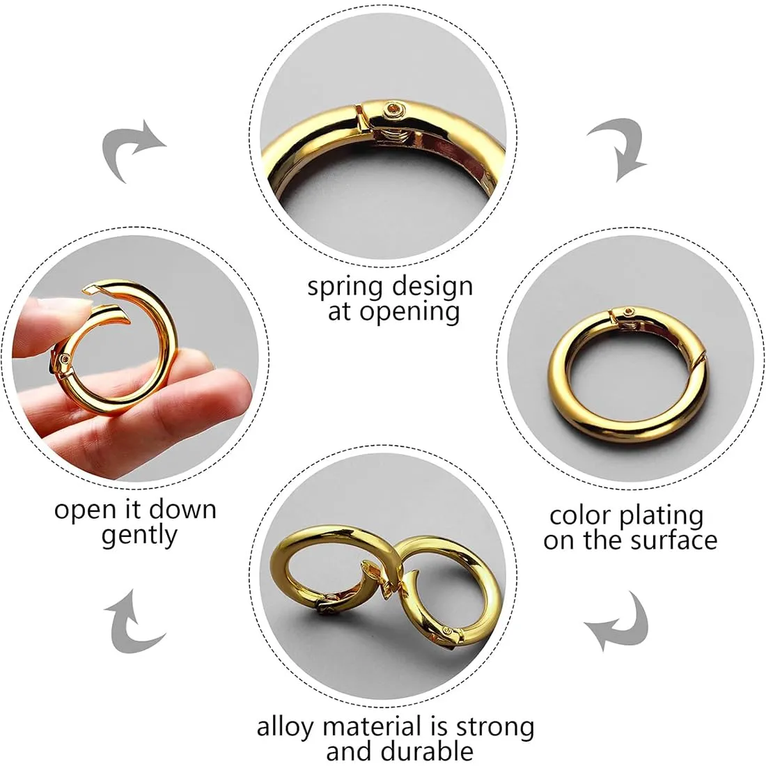 JEYORZY 18 pcs Moschettoni per Borse, Accessori Anelli per Borse, moschettone Rotondo, Anelli per Portachiavi, Scatto Molla Rotonda, Moschettoni Rotondi, Anelli a Molla, gancio Fibbia Portachiavi, oro - immagine 3