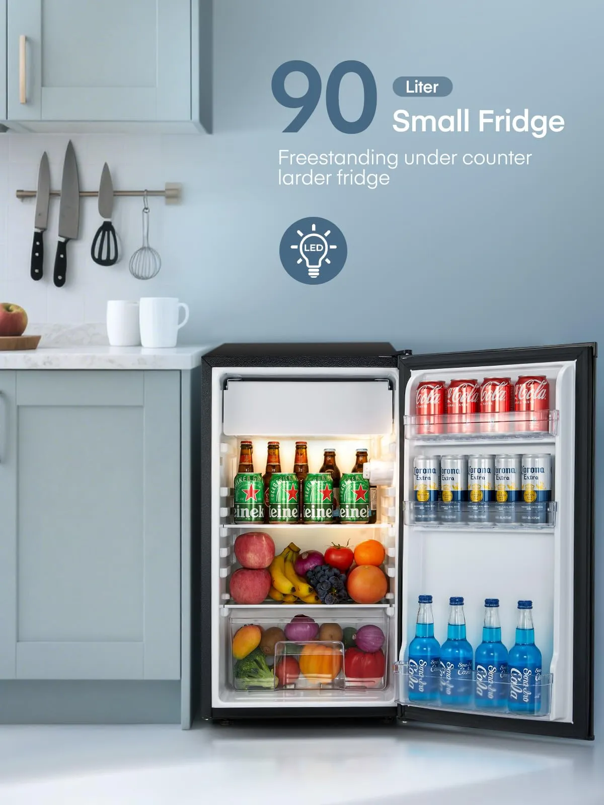 FOHERE Frigorifero Piccolo 91L con Freezer, Frigorifero Monoporta, Silenzioso, 7 Termostato Regolabile, Scomparto per Verdure, Mini Frigo da Ufficio, Camera, Nero - immagine 2