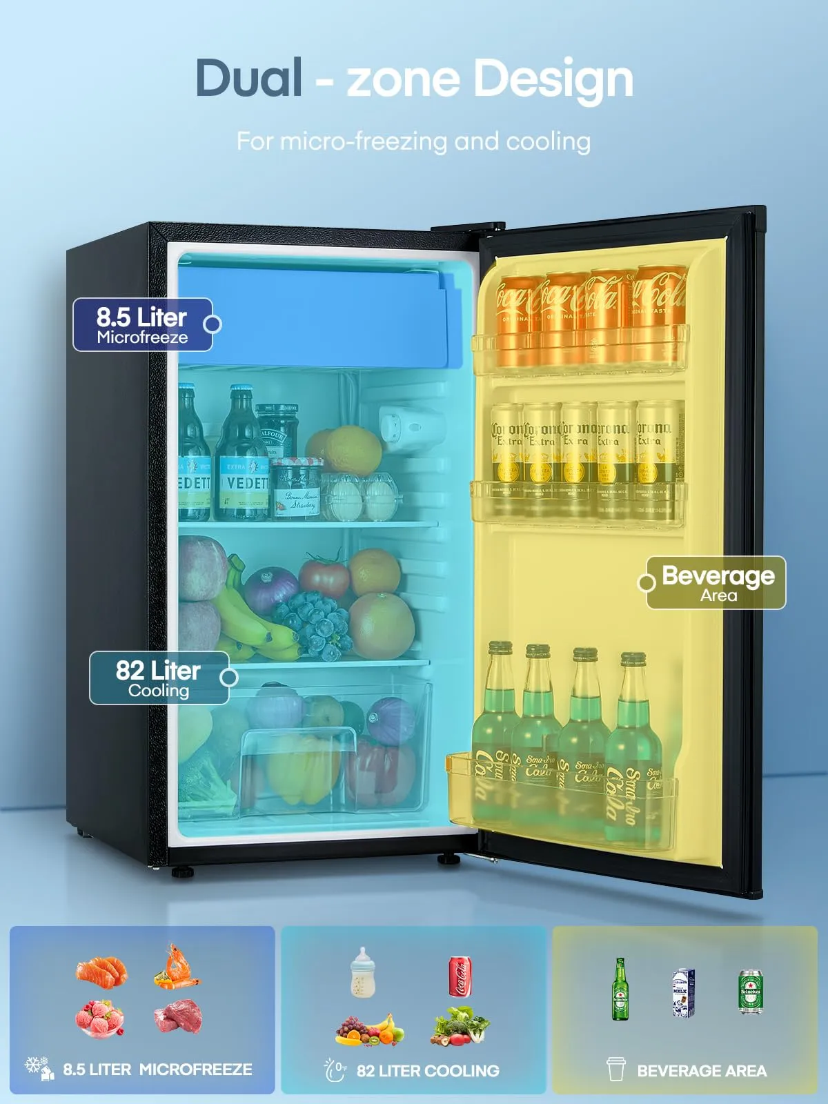 FOHERE Frigorifero Piccolo 91L con Freezer, Frigorifero Monoporta, Silenzioso, 7 Termostato Regolabile, Scomparto per Verdure, Mini Frigo da Ufficio, Camera, Nero - immagine 5