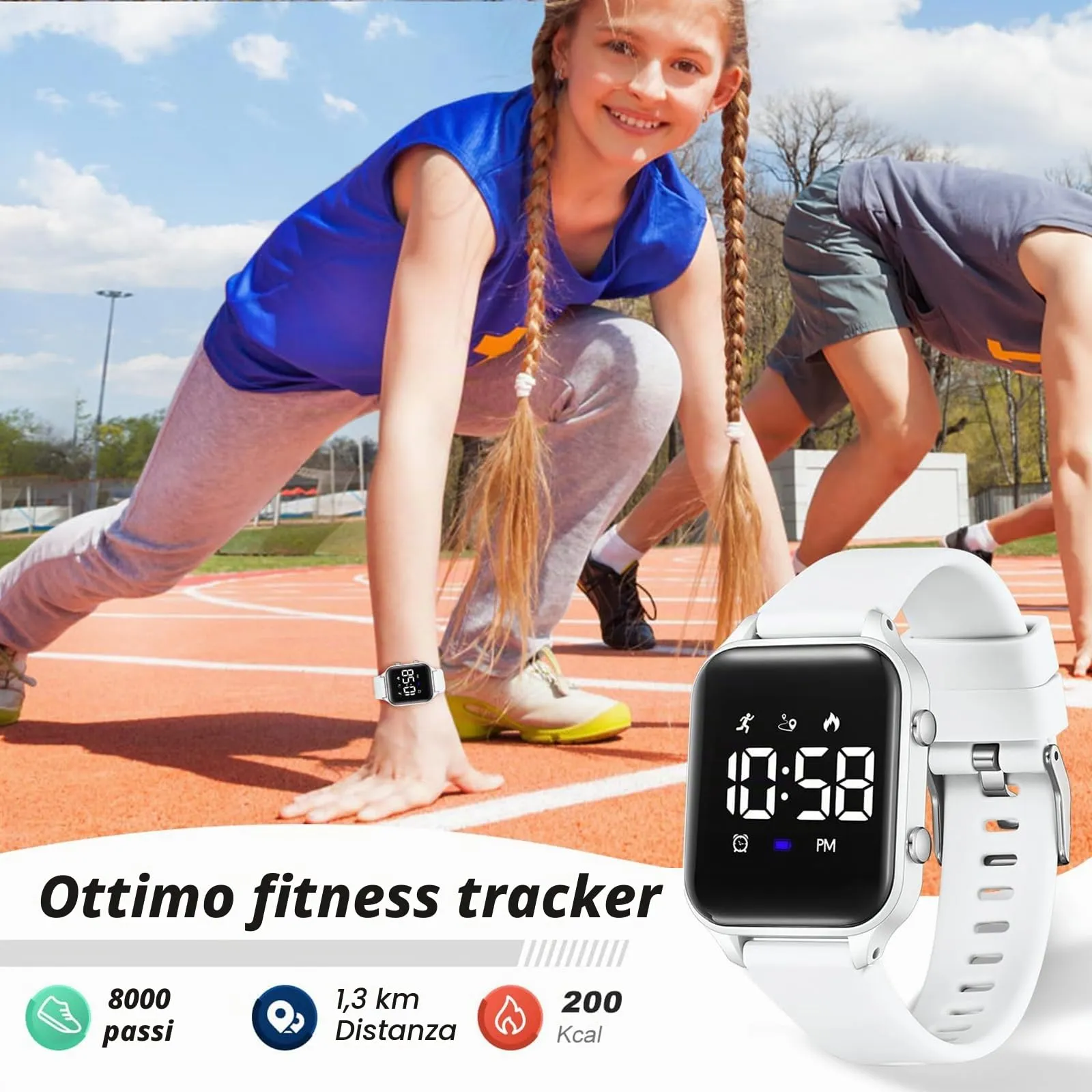 Timever orologio digitale bambina bambini con contapassi,sveglia,cronometro,luce,data-orologio per ragazzi e ragazze senza app e telefono con cinturino in silicone - immagine 3