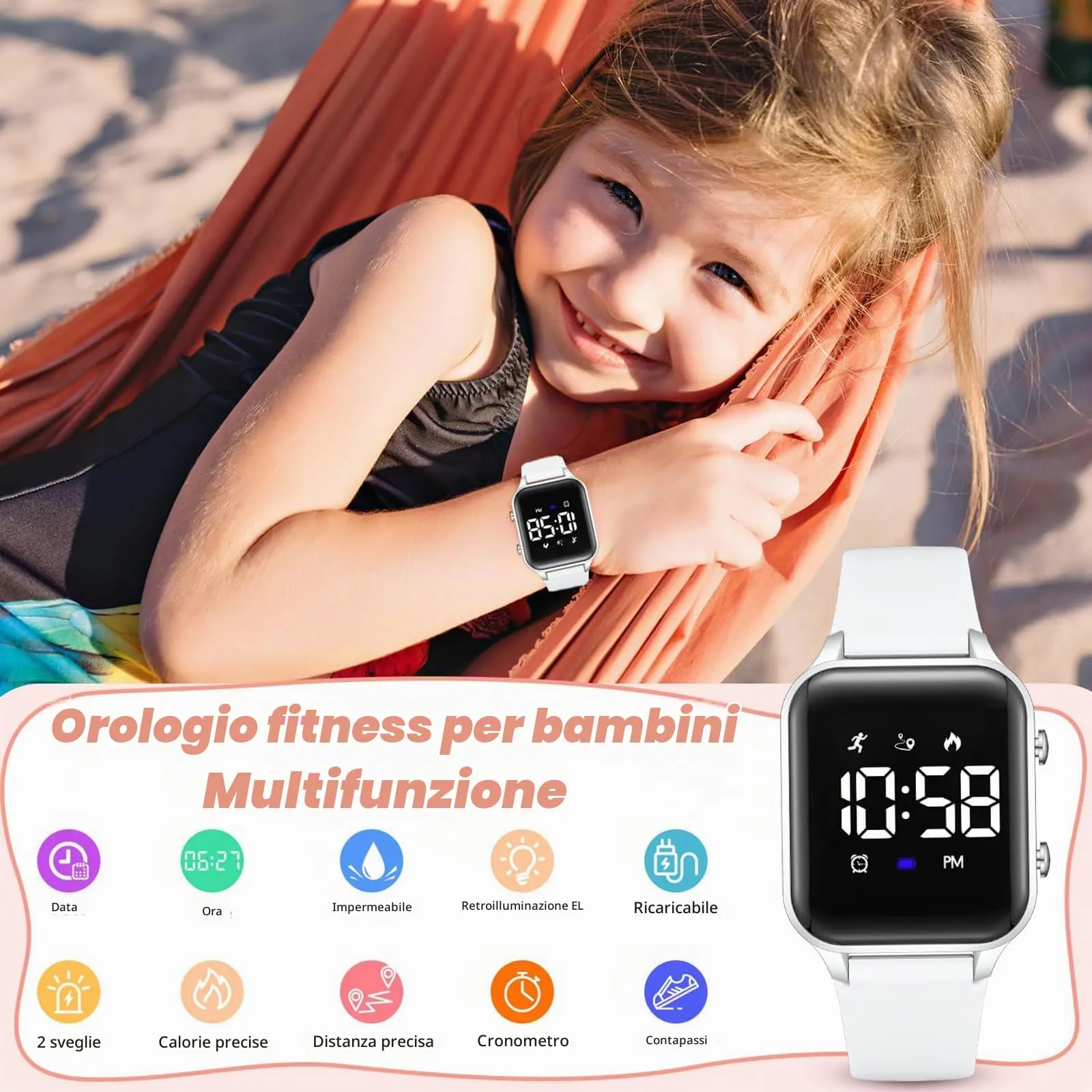 Timever orologio digitale bambina bambini con contapassi,sveglia,cronometro,luce,data-orologio per ragazzi e ragazze senza app e telefono con cinturino in silicone - immagine 4