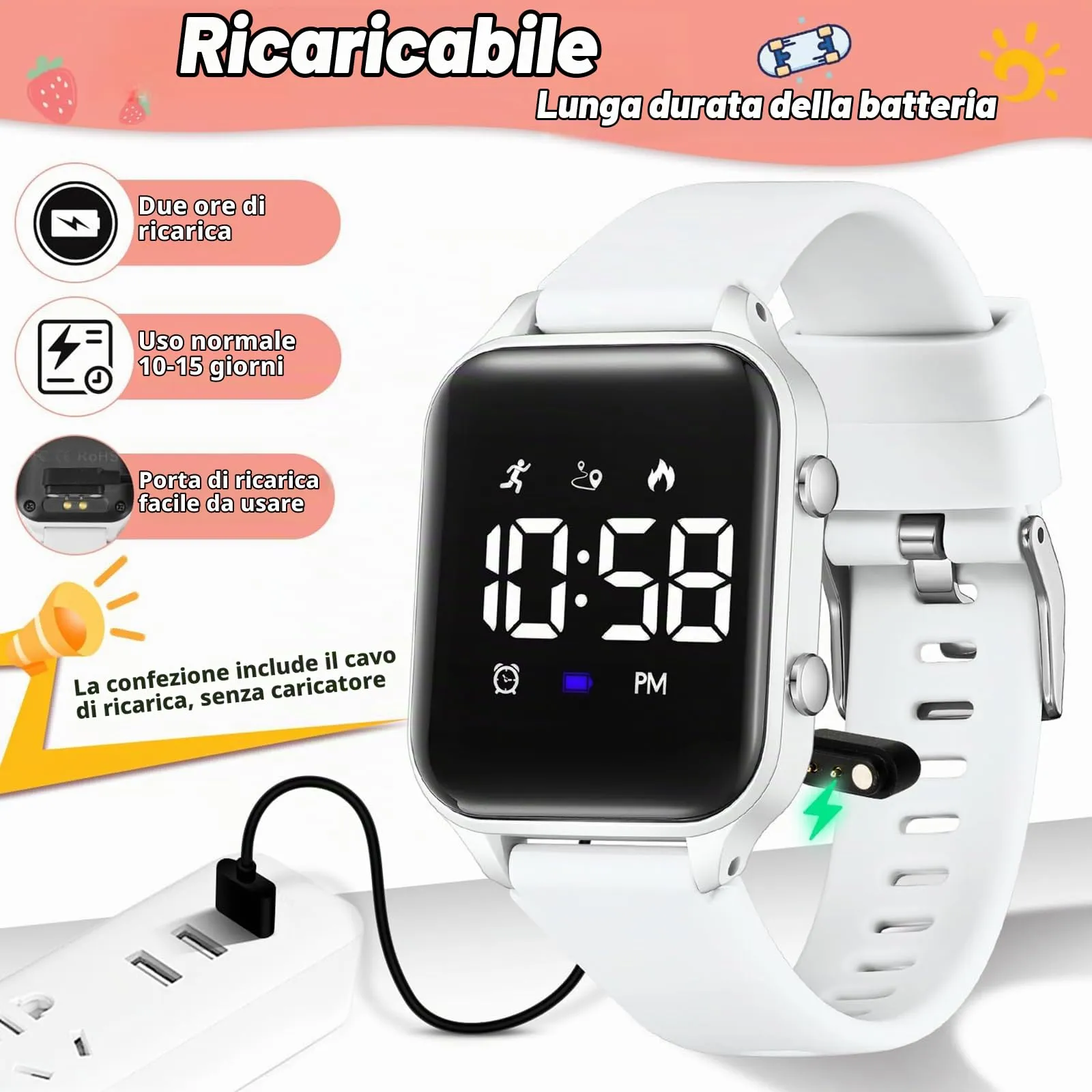 Timever orologio digitale bambina bambini con contapassi,sveglia,cronometro,luce,data-orologio per ragazzi e ragazze senza app e telefono con cinturino in silicone - immagine 6