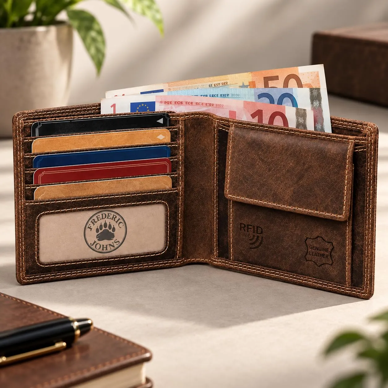 Frédéric Johns Portafoglio Uomo in Vera Pelle Vintage con Protezione RFID, Sottile e Compatto, Portacarte e Portamonete, Idea Regalo Uomo - immagine 2