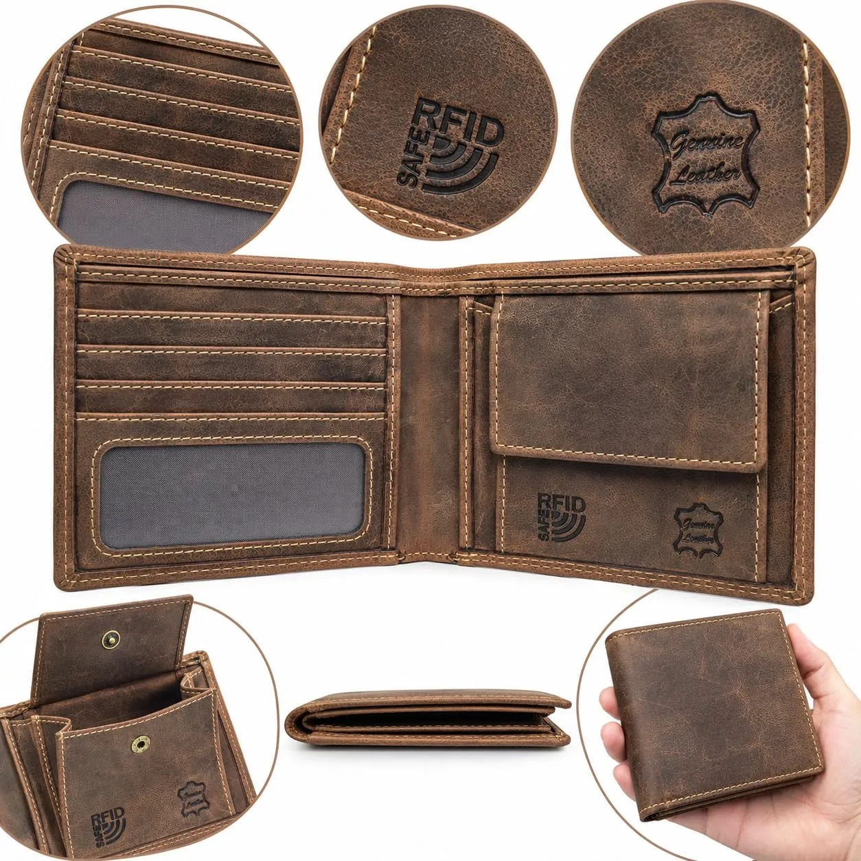 Frédéric Johns Portafoglio Uomo in Vera Pelle Vintage con Protezione RFID, Sottile e Compatto, Portacarte e Portamonete, Idea Regalo Uomo - immagine 6