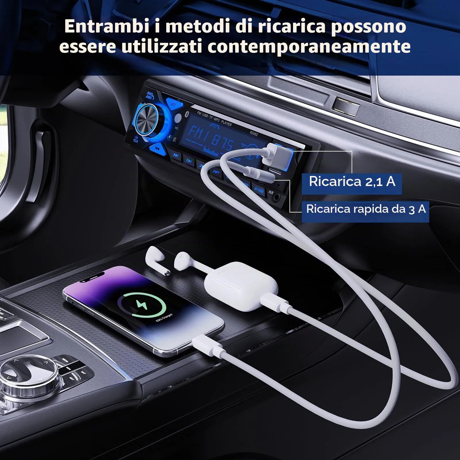 RDS Autoradio Bluetooth con Porta di Ricarica Typ-C,Stereo Auto Bluetooth - immagine 4