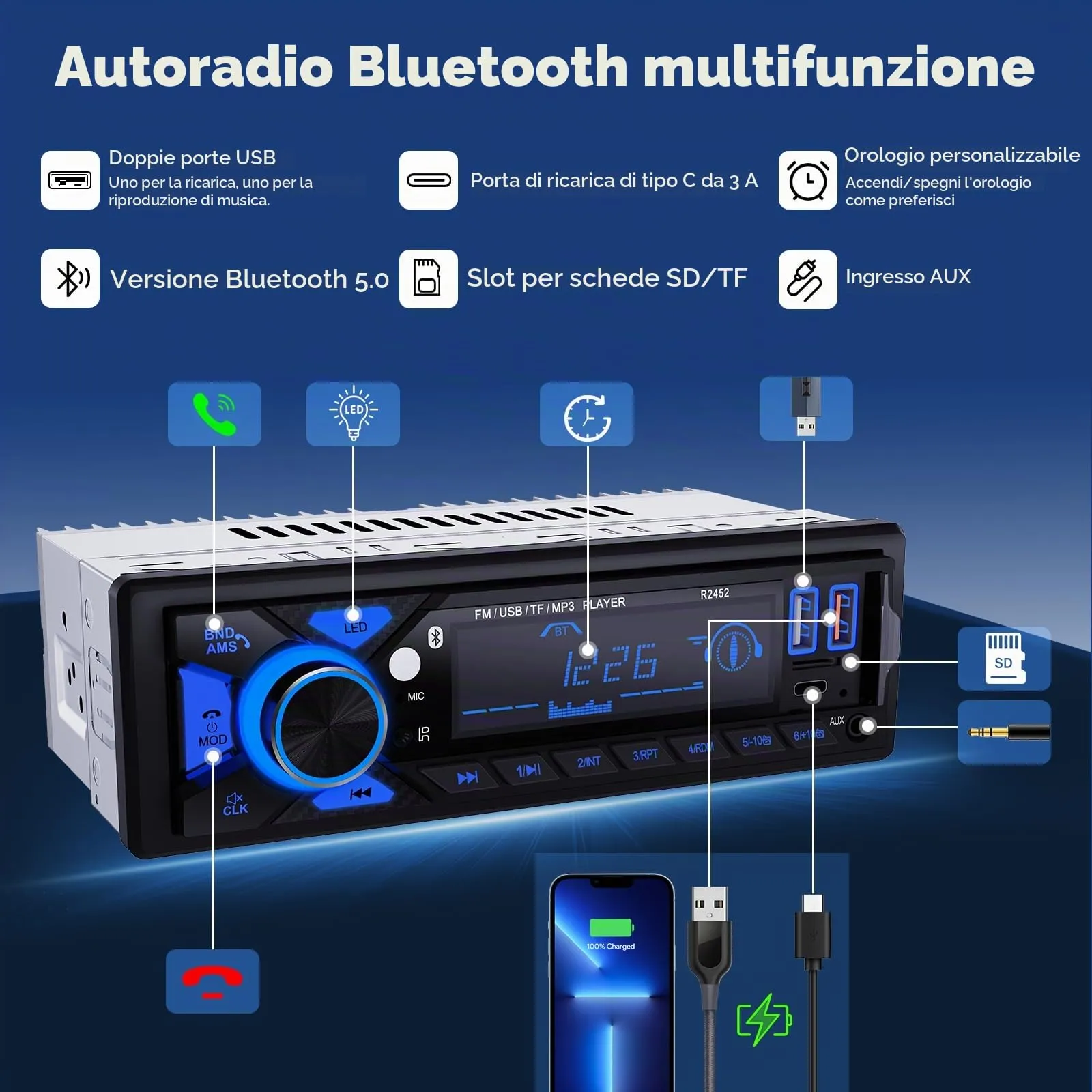 RDS Autoradio Bluetooth con Porta di Ricarica Typ-C,Stereo Auto Bluetooth - immagine 5