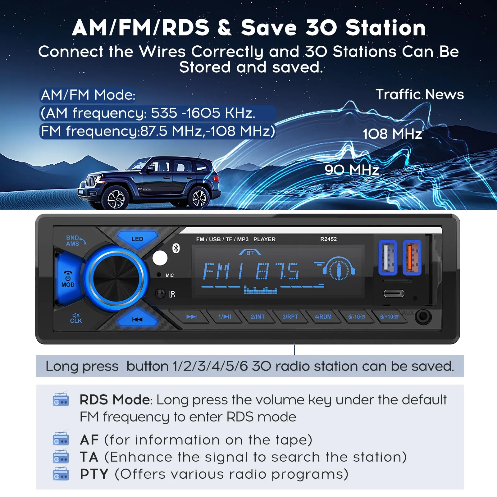 RDS Autoradio Bluetooth con Porta di Ricarica Typ-C,Stereo Auto Bluetooth - immagine 6