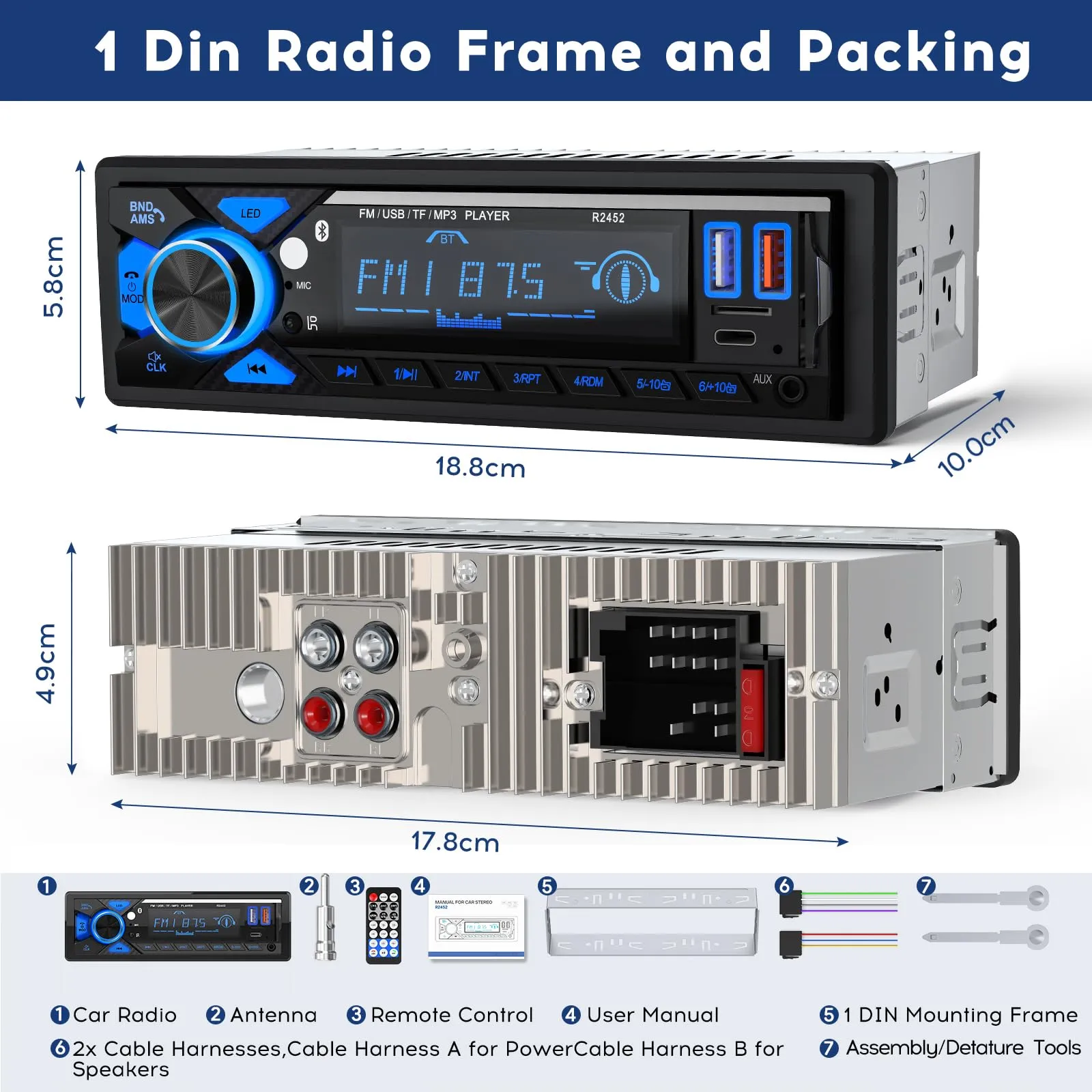 RDS Autoradio Bluetooth con Porta di Ricarica Typ-C,Stereo Auto Bluetooth - immagine 8