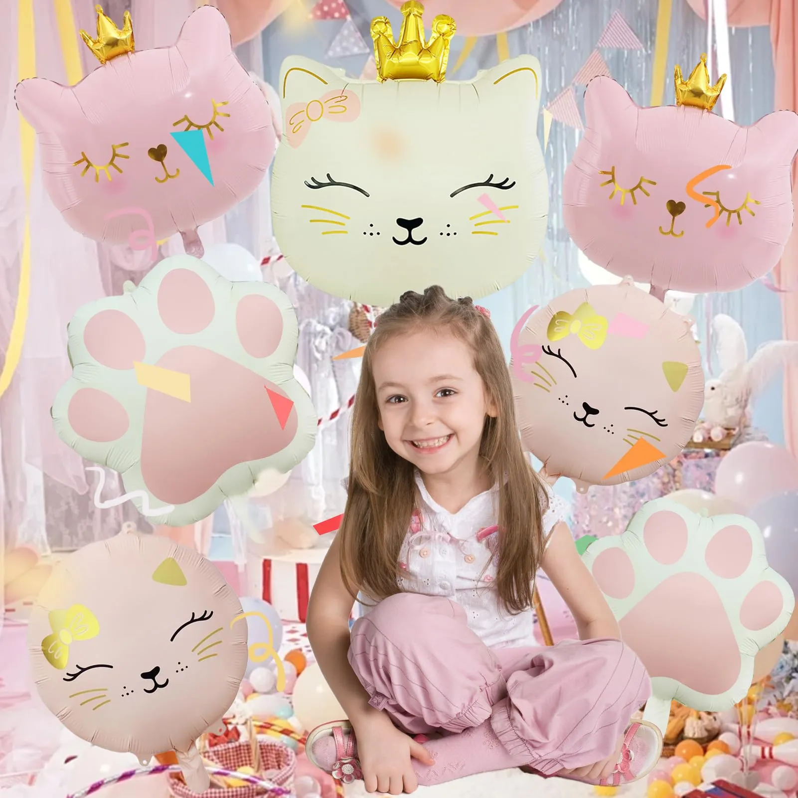 7 Pezzi Palloncino di Gatto, Gatto Compleanno Decorazioni Palloncini - immagine 5