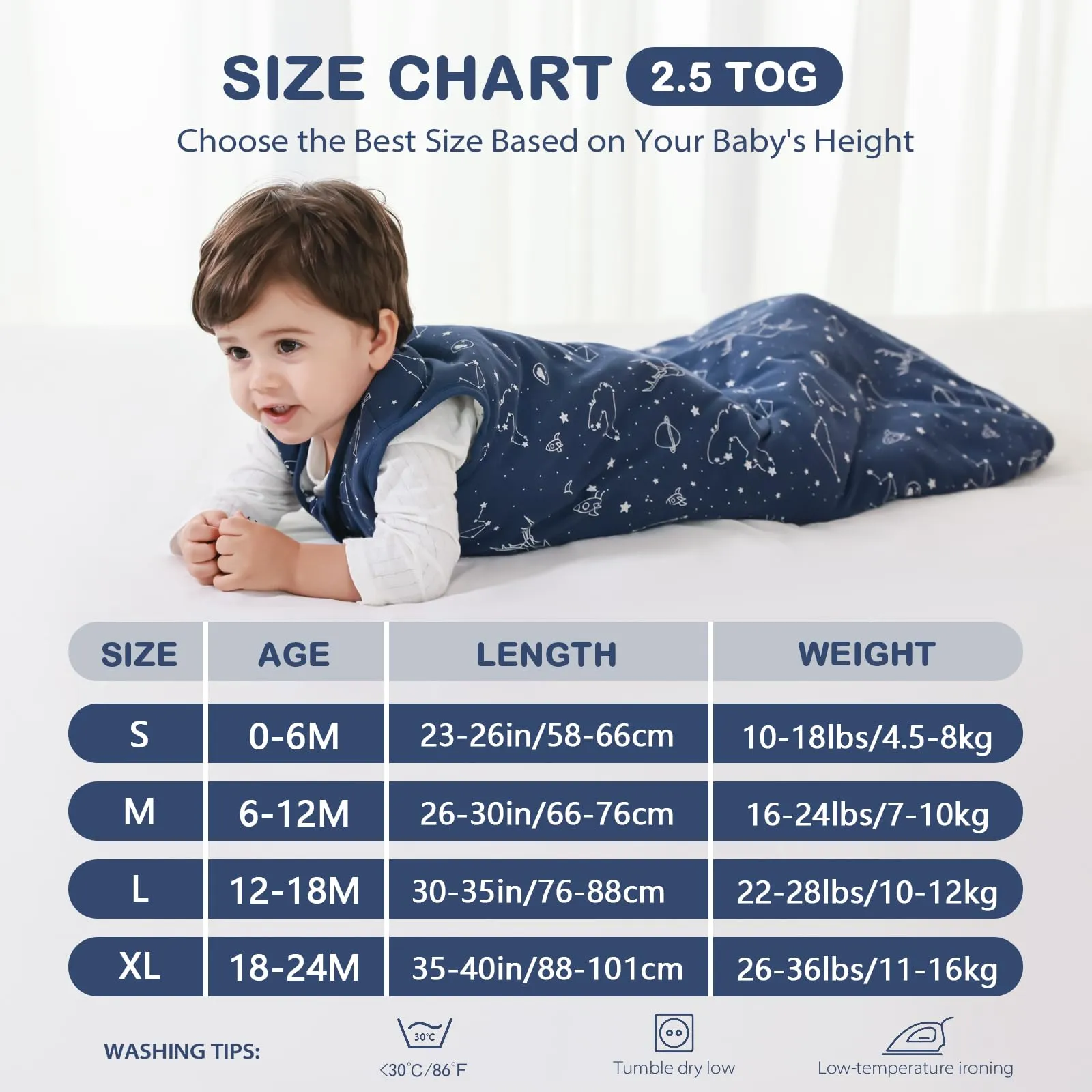 Mosebears Sacco nanna invernale per bambini, 2,5 tog,cotone, per diverse misure dalla nascita all'età di 24 mesi(Navy Blue,18-24 mesi) - immagine 6
