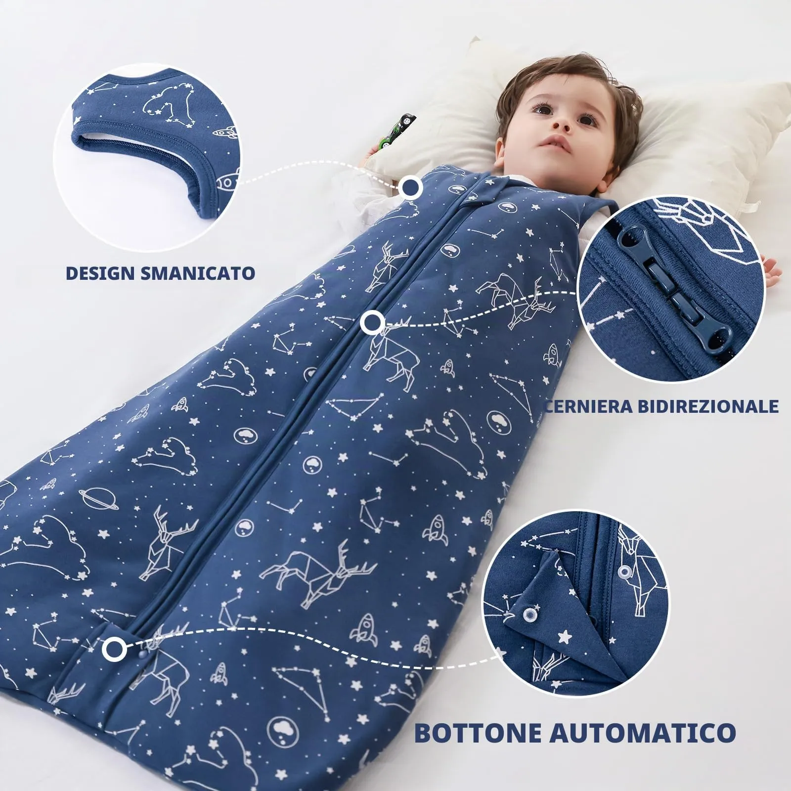 Mosebears Sacco nanna invernale per bambini, 2,5 tog,cotone, per diverse misure dalla nascita all'età di 24 mesi(Navy Blue,6-12 mesi) - immagine 4