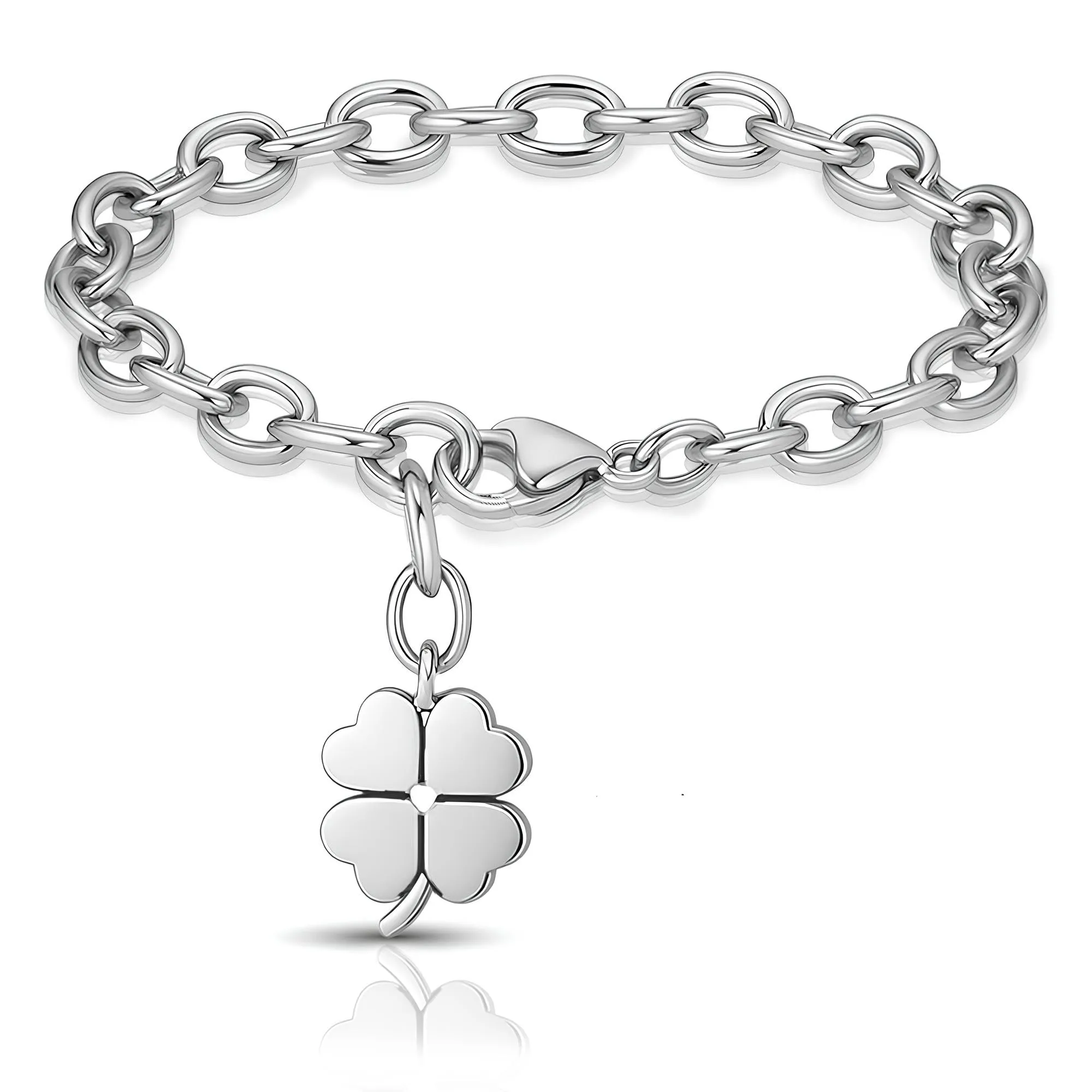 SAGA GIOIELLI® Bracciale Donna in Acciaio Portafortuna – Ciondolo a Scelta: Quadrifoglio, Coccinella o Ferro di Cavallo – Confezione Regalo Inclusa (QUADRIFOGLIO) - immagine 1