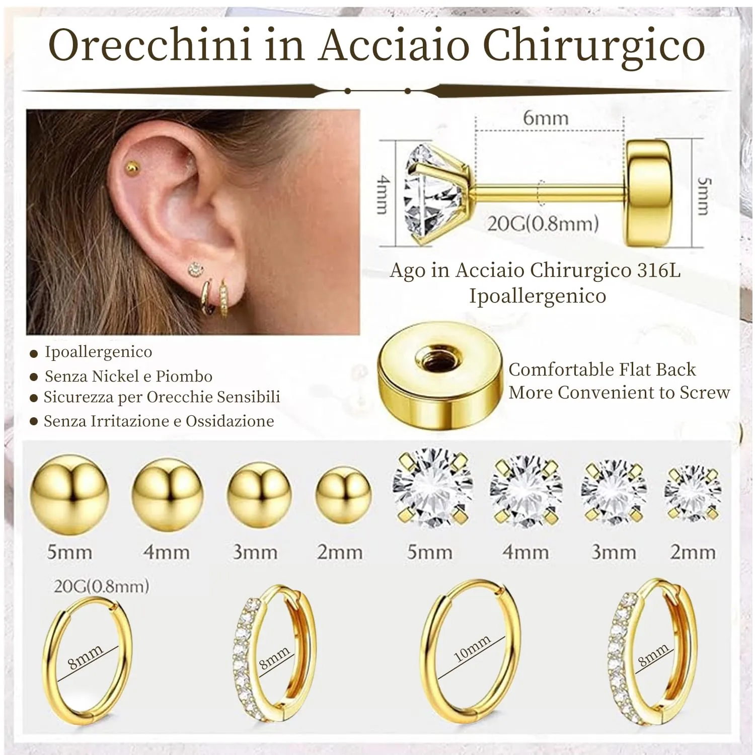 CUEMOON 9 Paia Orecchini Donna Anallergici, Orecchini Acciaio Chirurgico 316L, Orecchini a Cerchio Cartilagine Ipoallergenica, Multi Piercing Orecchio (Oro) - immagine 3