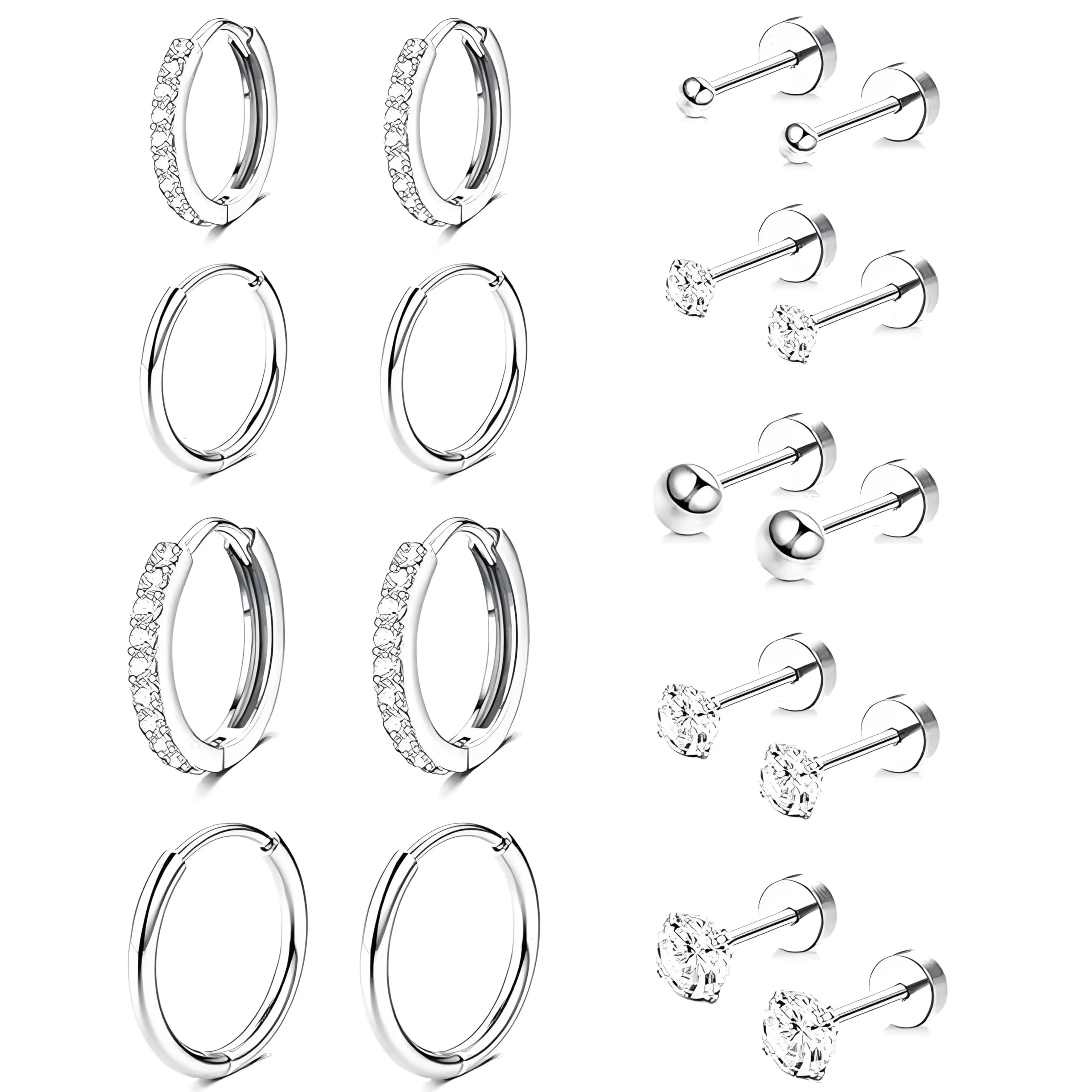 CUEMOON 9 Paia Orecchini Donna Anallergici, Acciaio Chirurgico 316L, a Cerchio Cartilagine Ipoallergenica, Multi Piercing Orecchio (Argenteo) - immagine 1