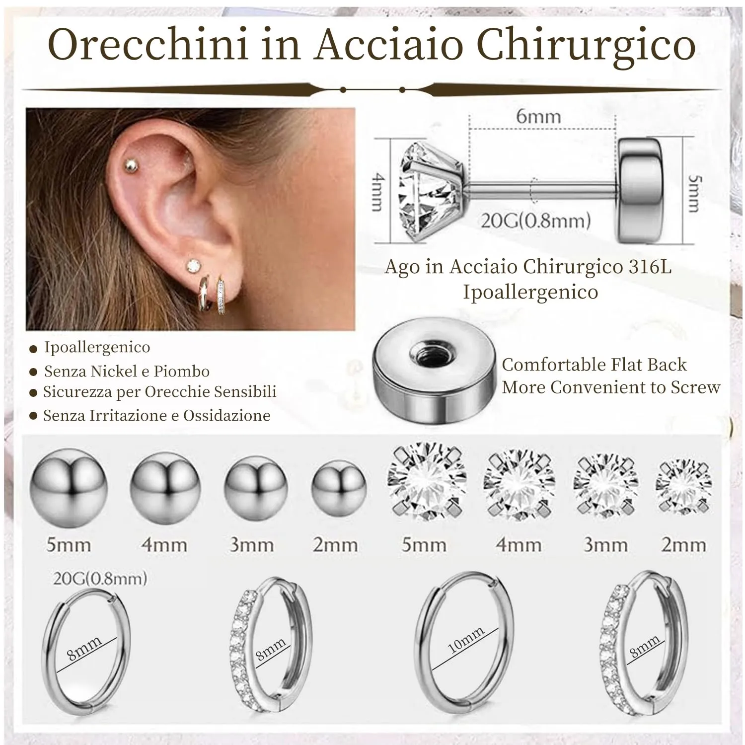 CUEMOON 9 Paia Orecchini Donna Anallergici, Acciaio Chirurgico 316L, a Cerchio Cartilagine Ipoallergenica, Multi Piercing Orecchio (Argenteo) - immagine 3
