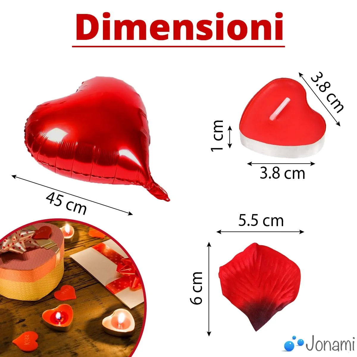 Kit Romantico di 50 Candeline a Forma di Cuore + 1000 Petali di Rosa di Seta + 5 Palloncini Rossi - Decorazioni per Matrimonio, San Valentino e Fidanzamento - immagine 2