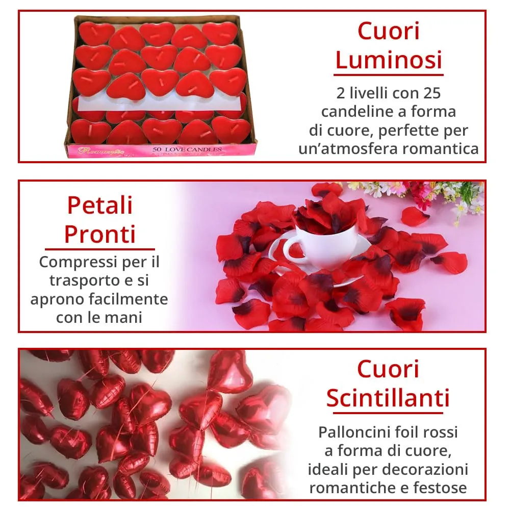 Kit Romantico di 50 Candeline a Forma di Cuore + 1000 Petali di Rosa di Seta + 5 Palloncini Rossi - Decorazioni per Matrimonio, San Valentino e Fidanzamento - immagine 5