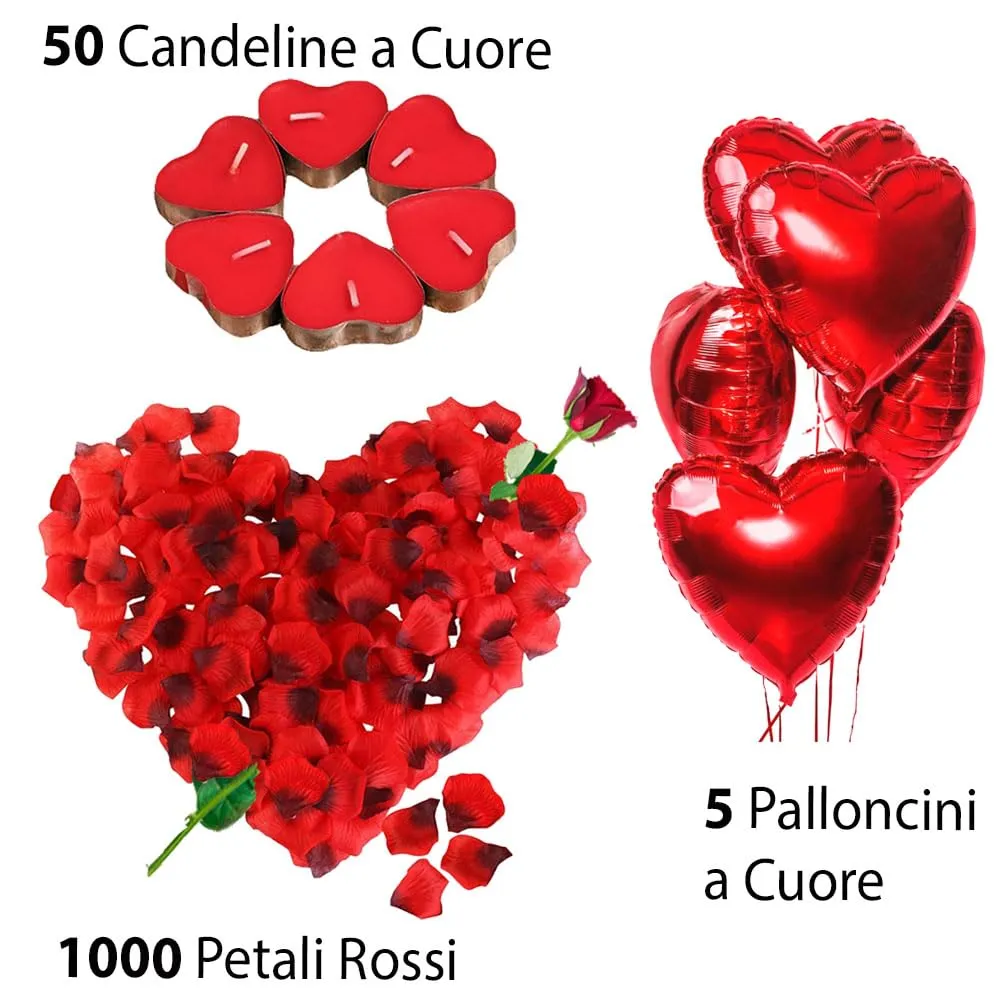 Kit Romantico di 50 Candeline a Forma di Cuore + 1000 Petali di Rosa di Seta + 5 Palloncini Rossi - Decorazioni per Matrimonio, San Valentino e Fidanzamento - immagine 7