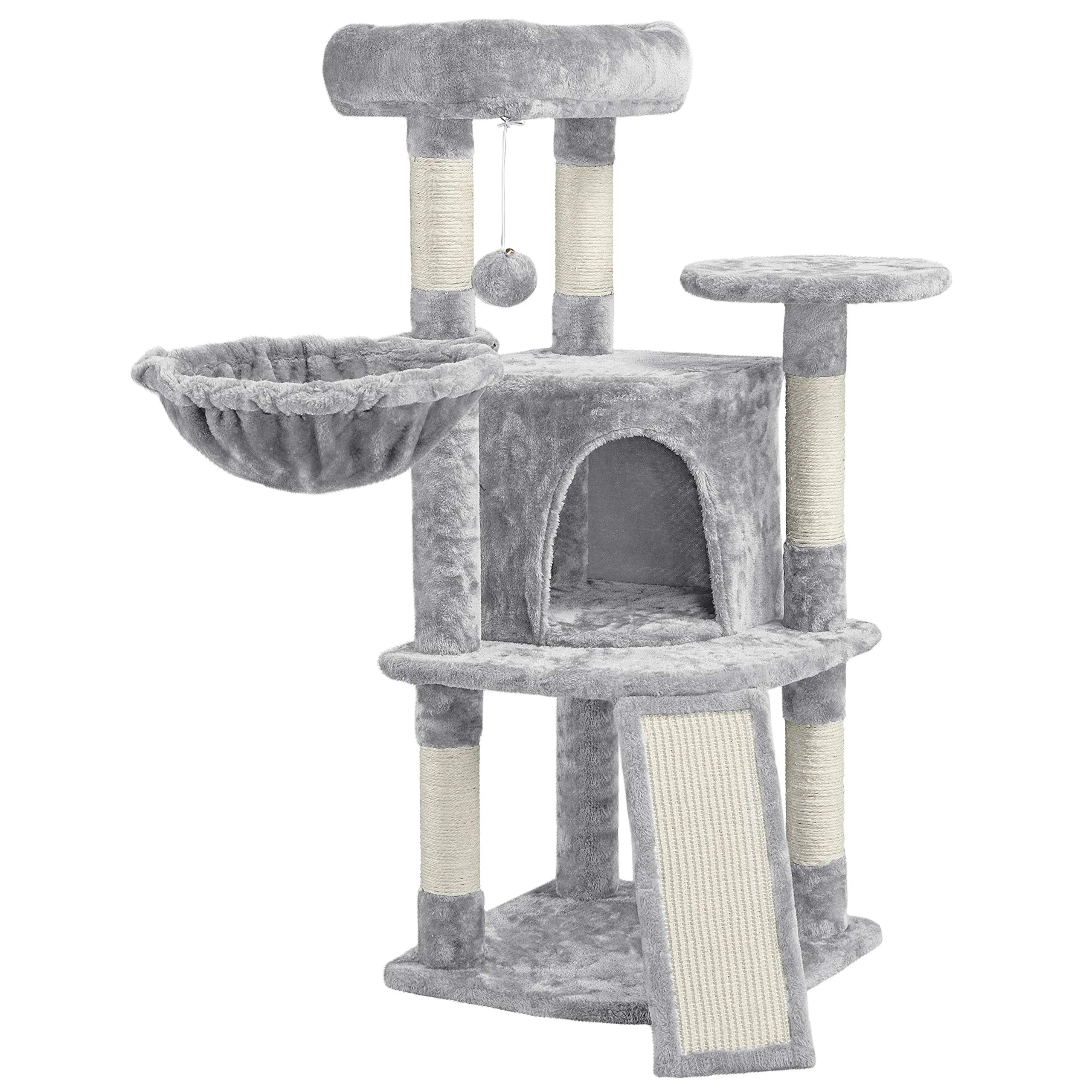 Yaheetech Albero Tiragraffi per Gatti con Ampio Trespolo Grande Cesto e Grotta, Rampetta Graffiatoio e Pali in Sisal, 43,5 x 43,5 x 106 cm, Grigio Chiaro - immagine 1