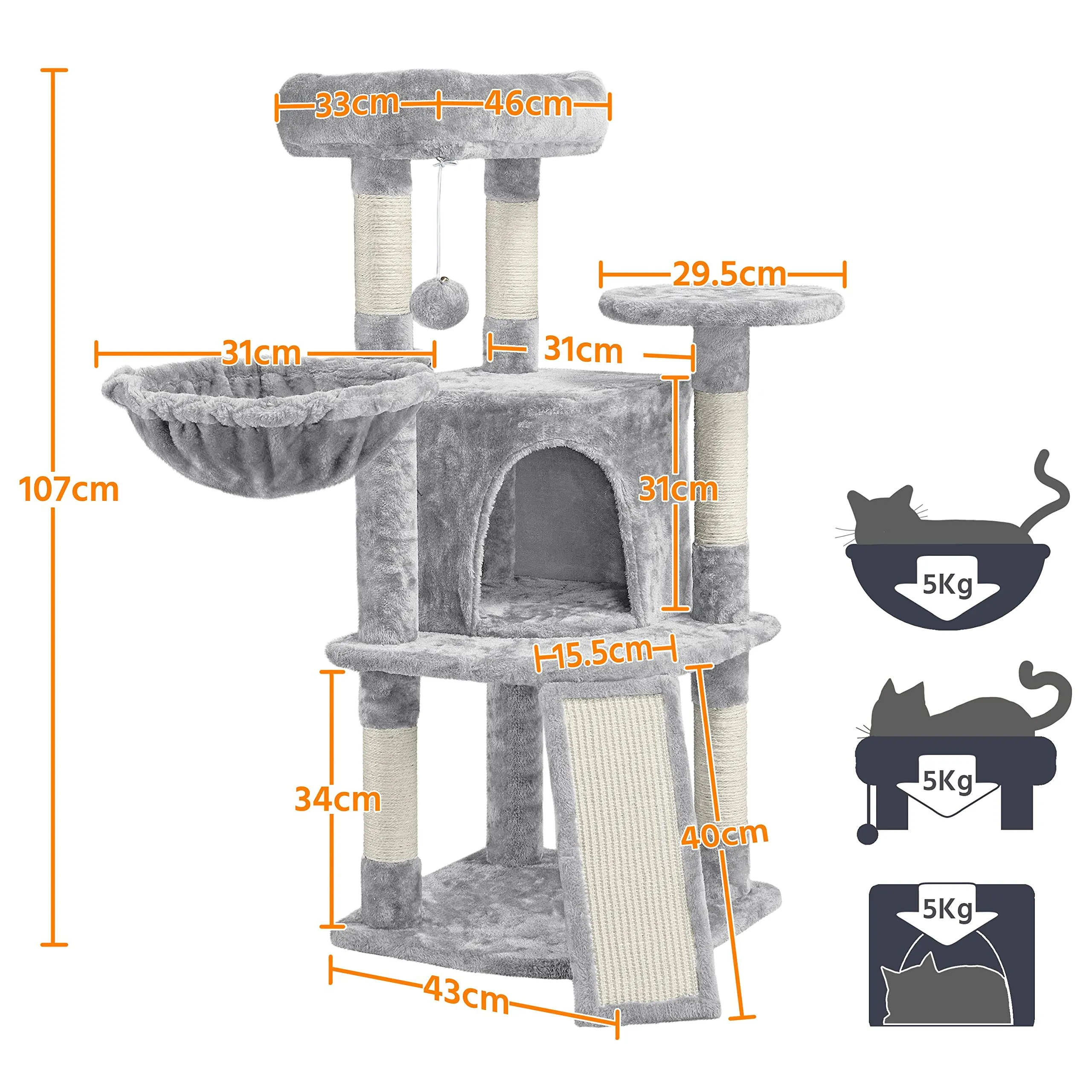 Yaheetech Albero Tiragraffi per Gatti con Ampio Trespolo Grande Cesto e Grotta, Rampetta Graffiatoio e Pali in Sisal, 43,5 x 43,5 x 106 cm, Grigio Chiaro - immagine 2
