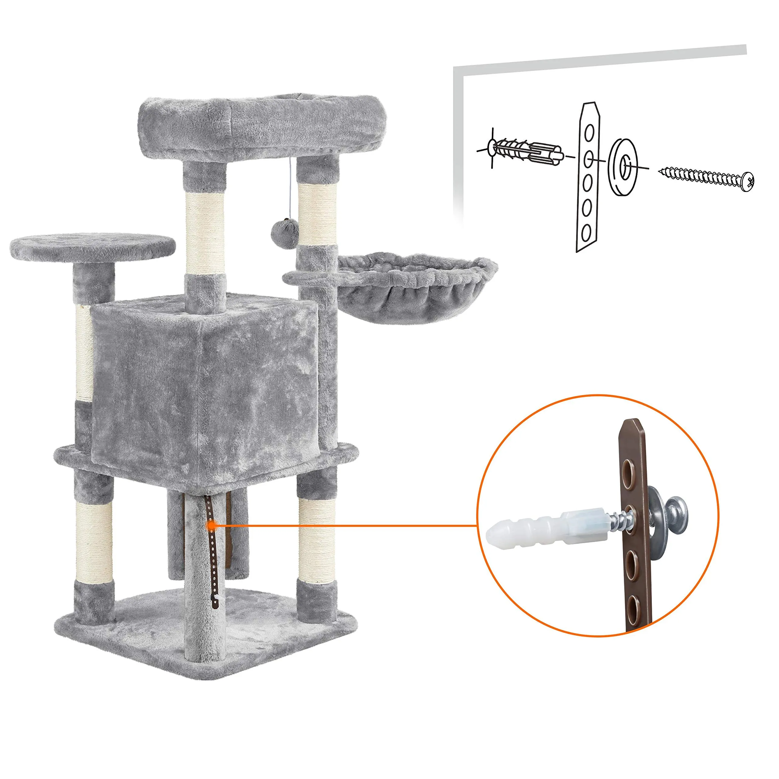 Yaheetech Albero Tiragraffi per Gatti con Ampio Trespolo Grande Cesto e Grotta, Rampetta Graffiatoio e Pali in Sisal, 43,5 x 43,5 x 106 cm, Grigio Chiaro - immagine 3