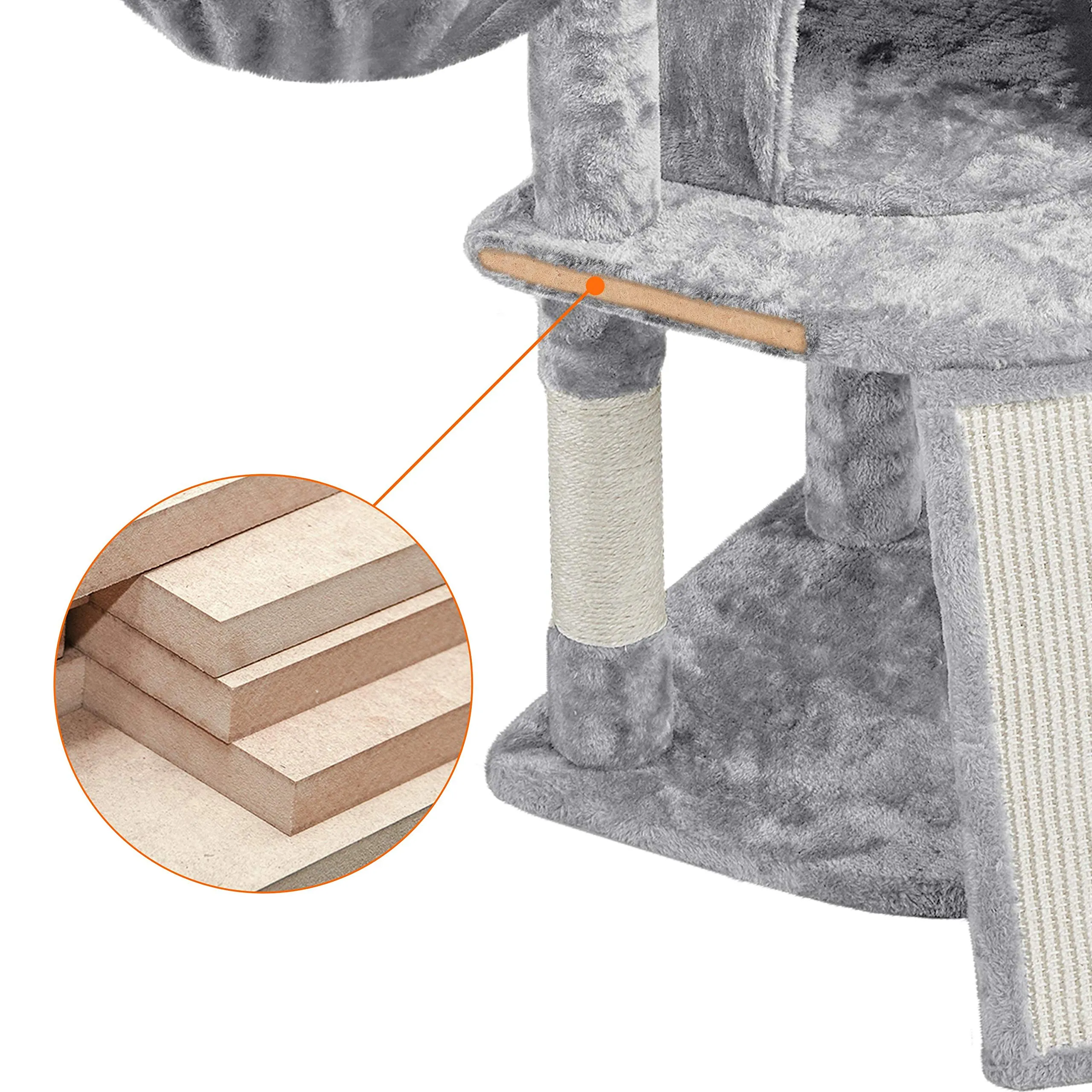 Yaheetech Albero Tiragraffi per Gatti con Ampio Trespolo Grande Cesto e Grotta, Rampetta Graffiatoio e Pali in Sisal, 43,5 x 43,5 x 106 cm, Grigio Chiaro - immagine 5