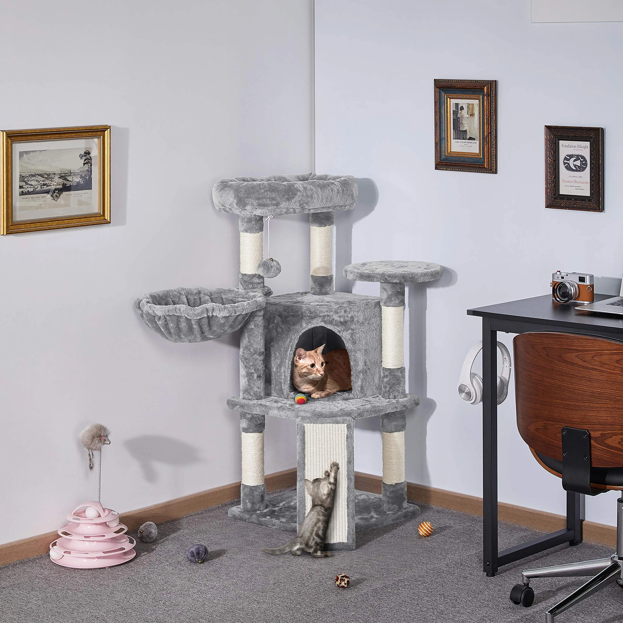 Yaheetech Albero Tiragraffi per Gatti con Ampio Trespolo Grande Cesto e Grotta, Rampetta Graffiatoio e Pali in Sisal, 43,5 x 43,5 x 106 cm, Grigio Chiaro - immagine 9